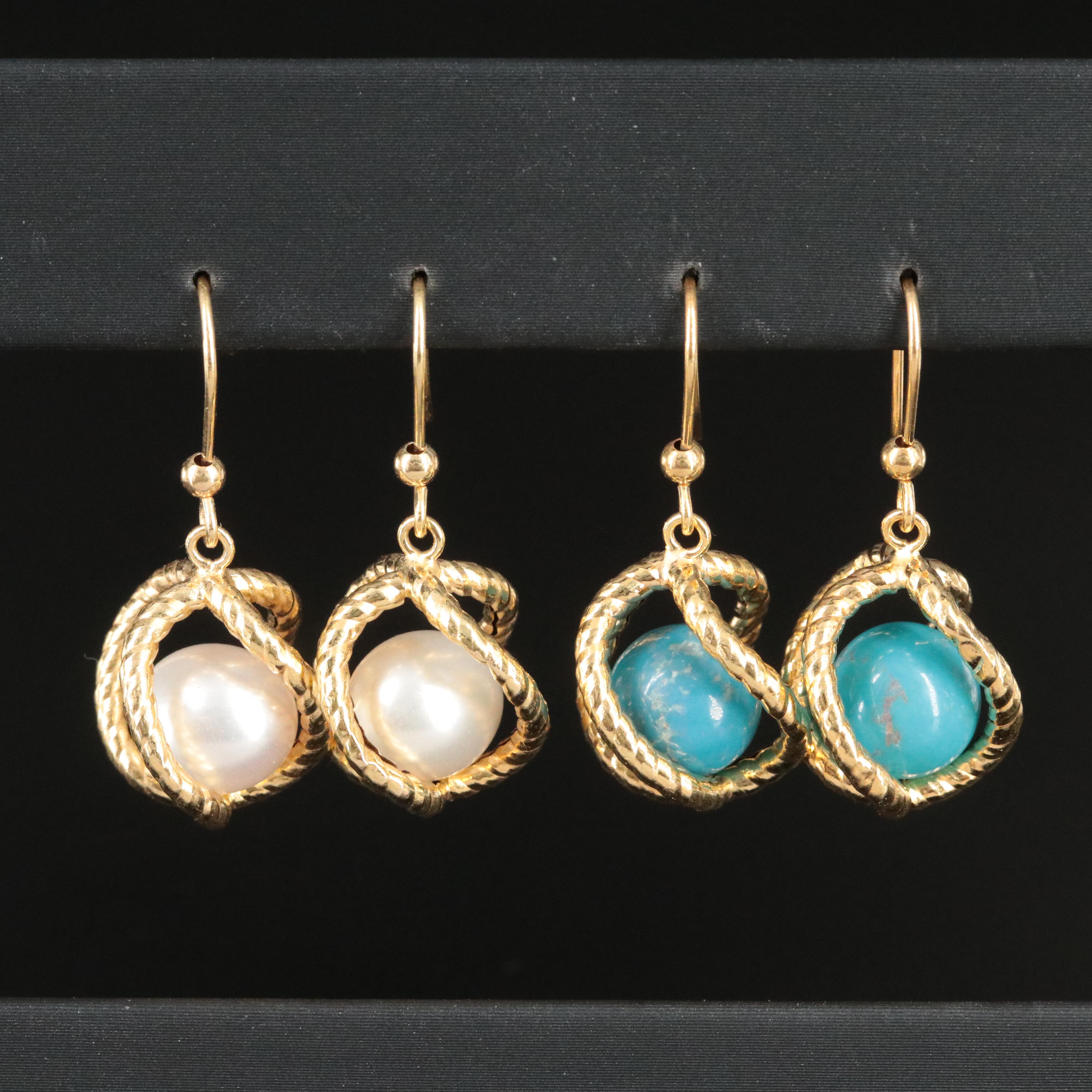 Italiana Milor 14K Turquoise and Pearl Bead Cage Earrings