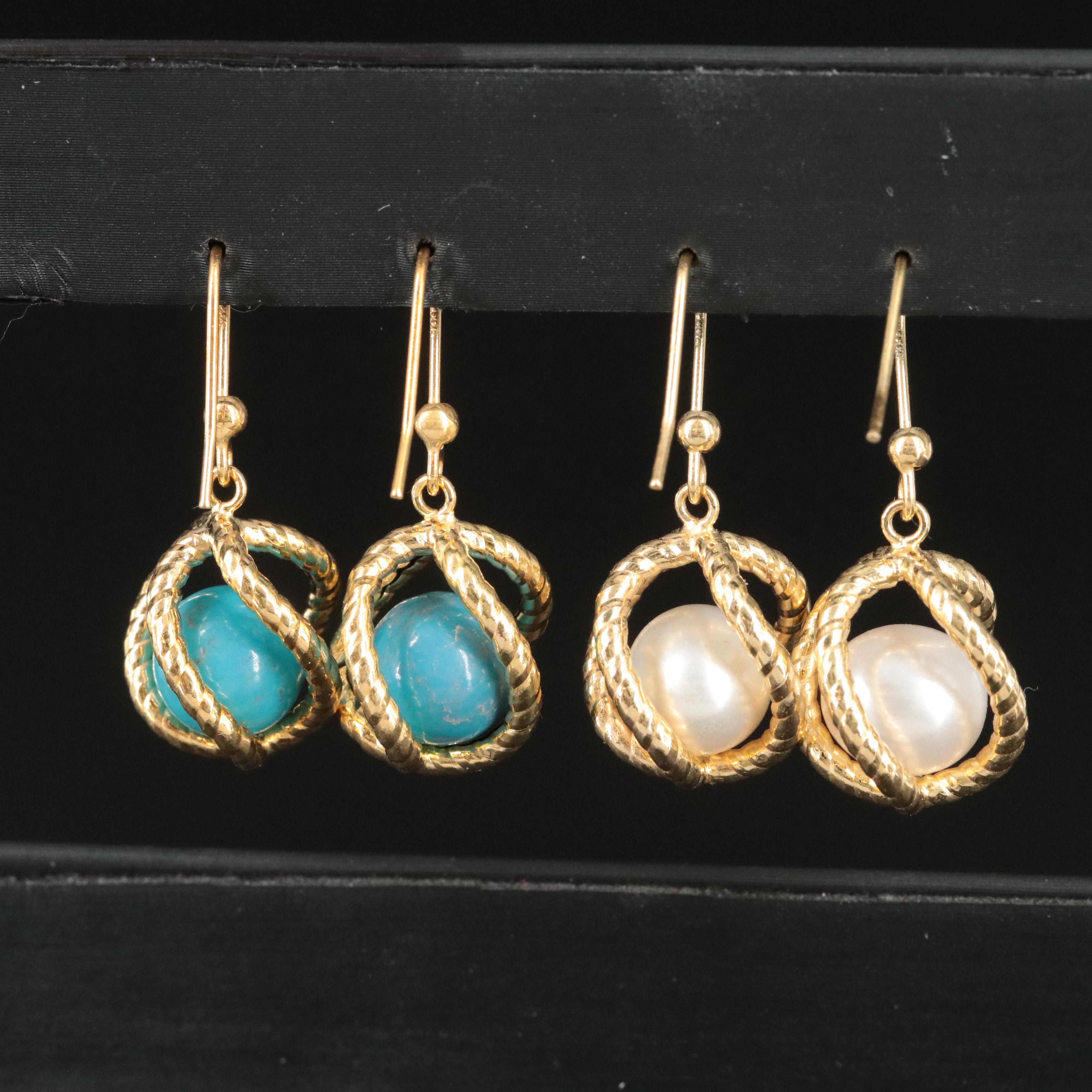 Italiana Milor 14K Turquoise and Pearl Bead Cage Earrings