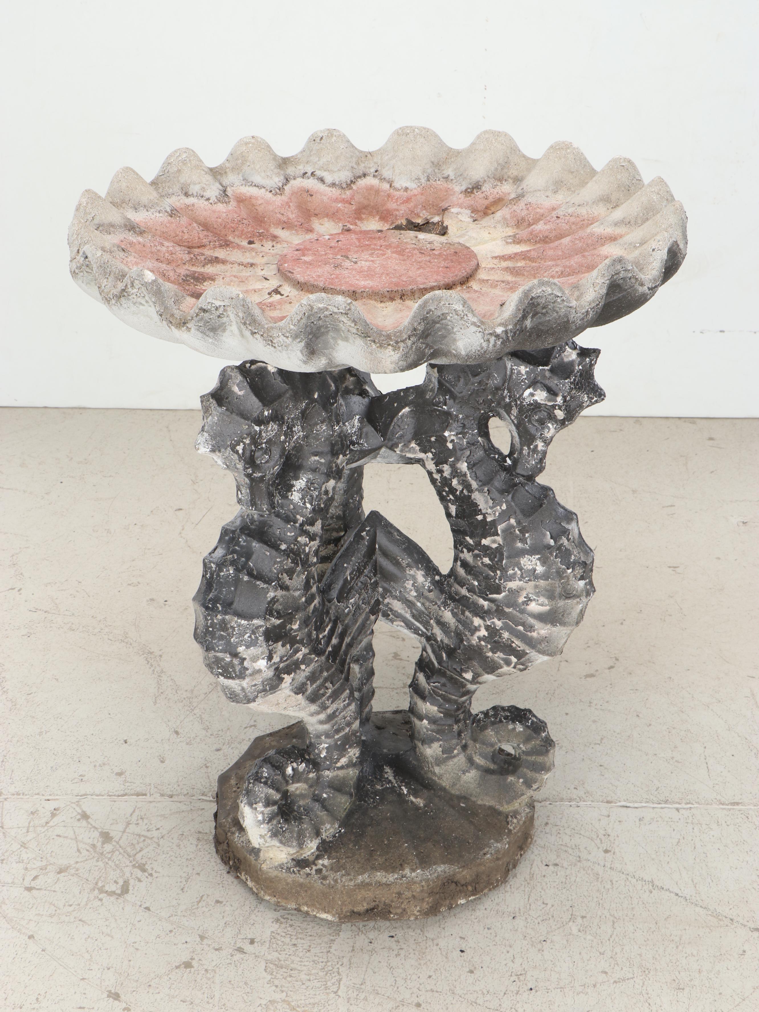 Cast Concrete Ruffled Bird Bath with Painted Concrete Seahorse Base