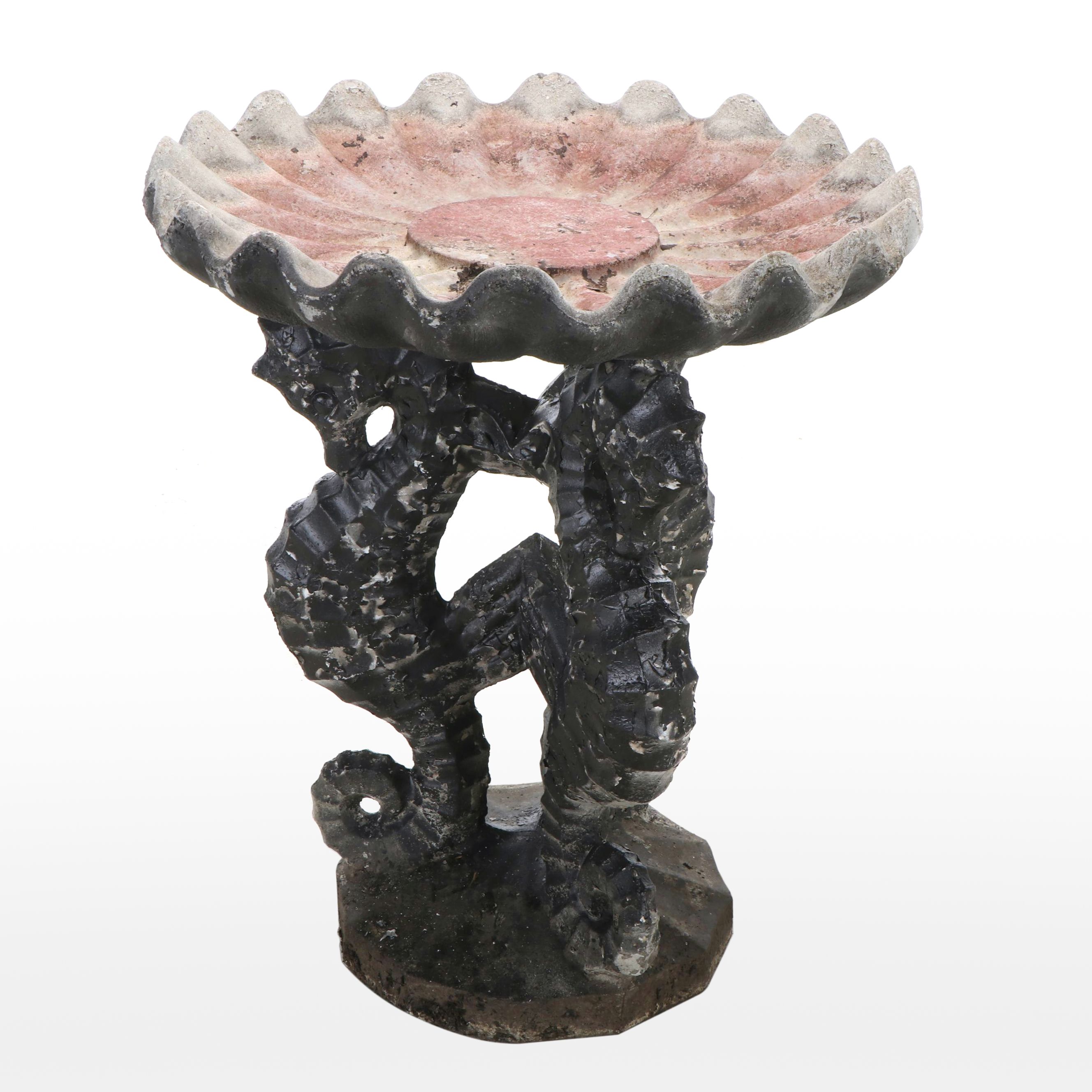 Cast Concrete Ruffled Bird Bath with Painted Concrete Seahorse Base