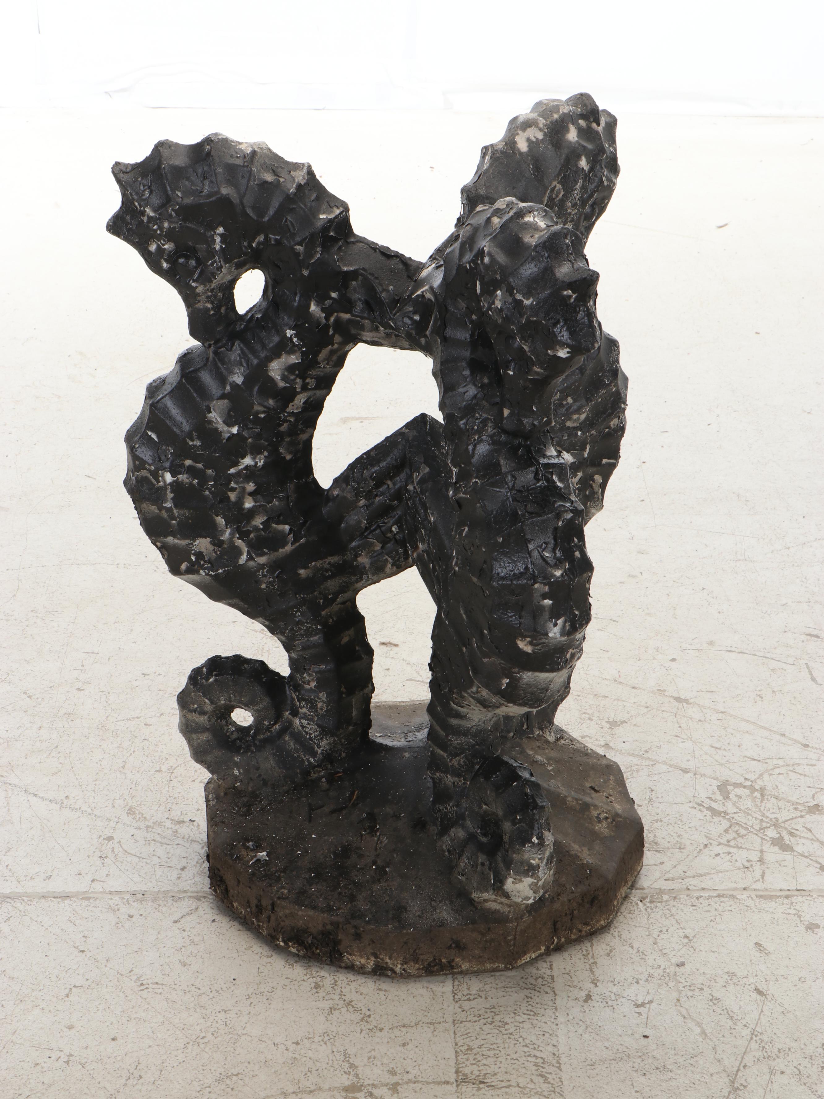 Cast Concrete Ruffled Bird Bath with Painted Concrete Seahorse Base