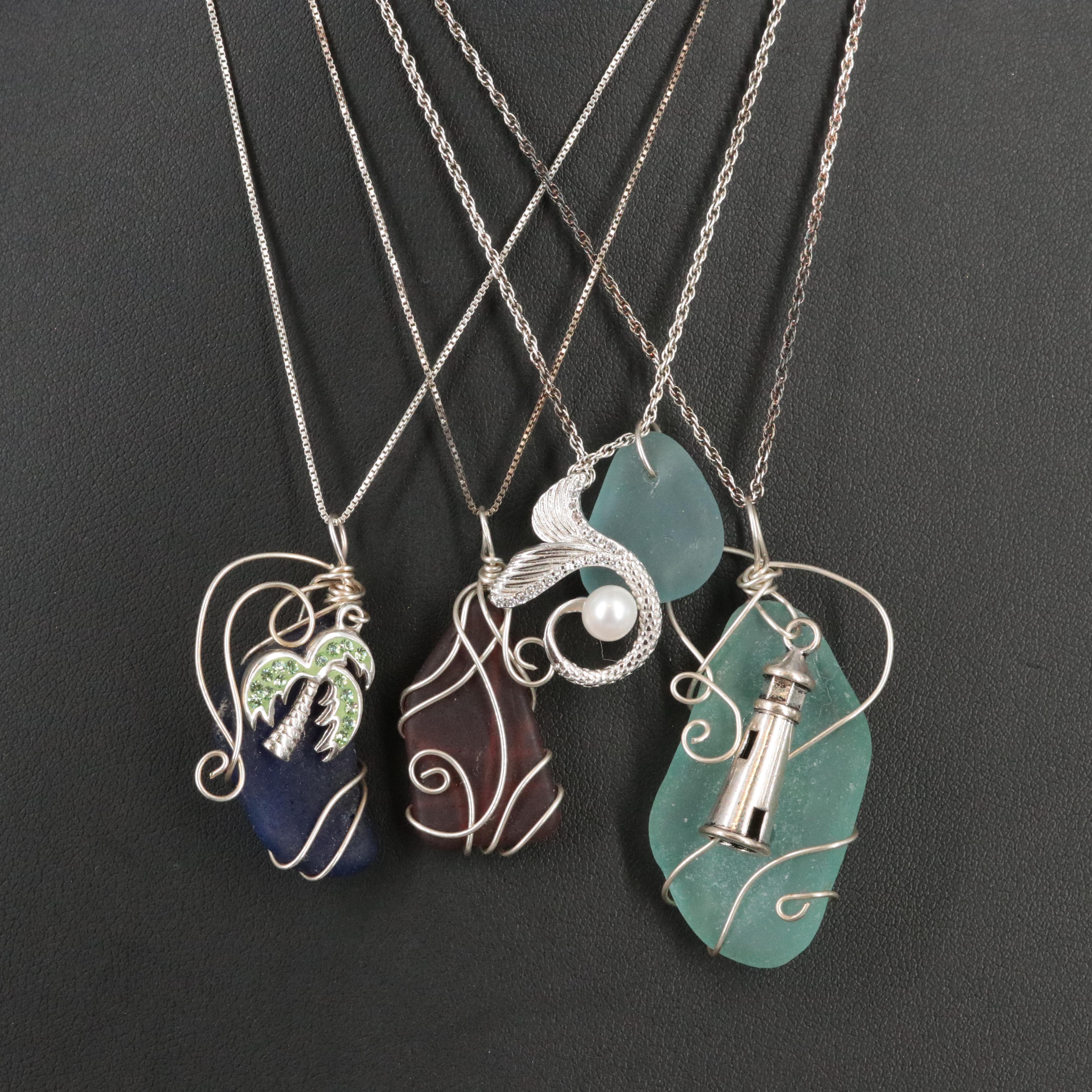 Sterling Seaglass Necklaces with Pearl