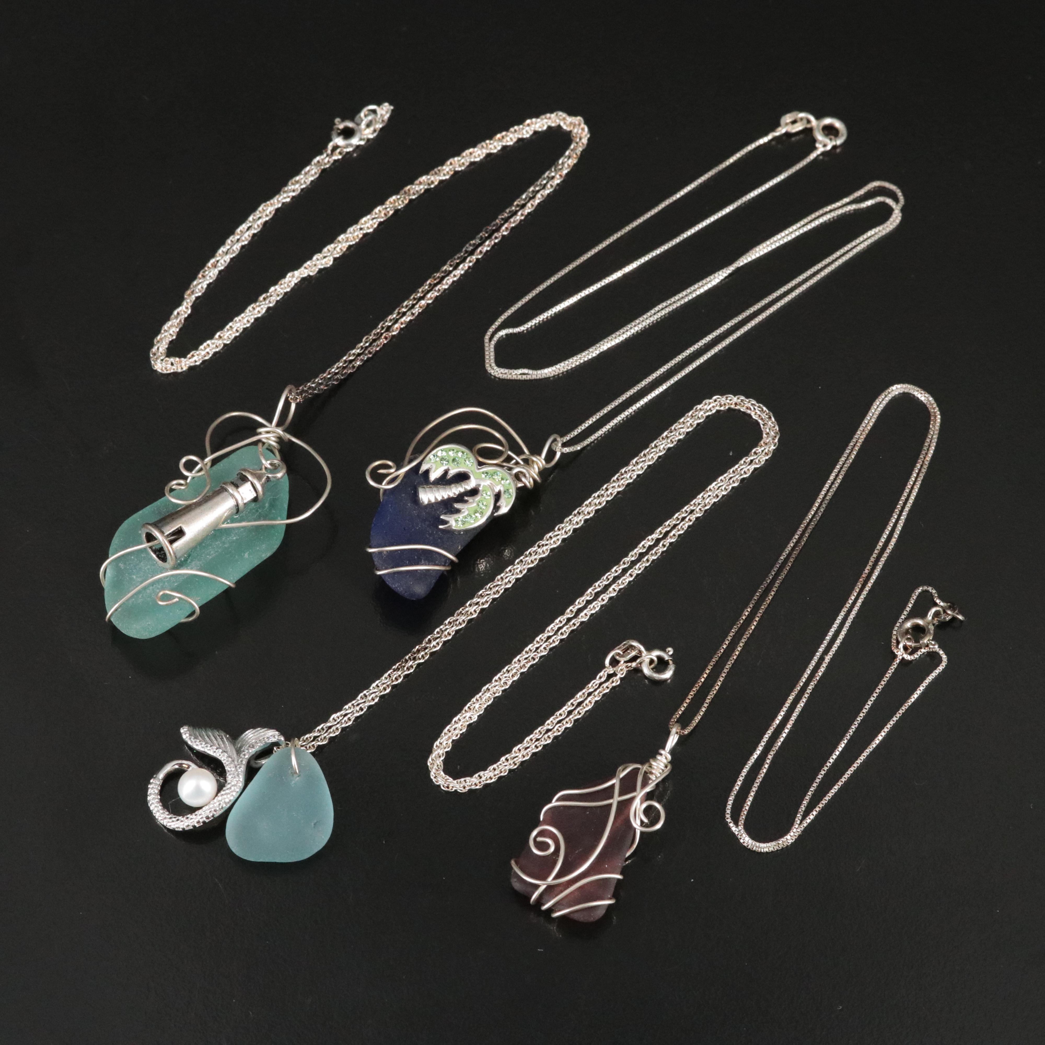 Sterling Seaglass Necklaces with Pearl