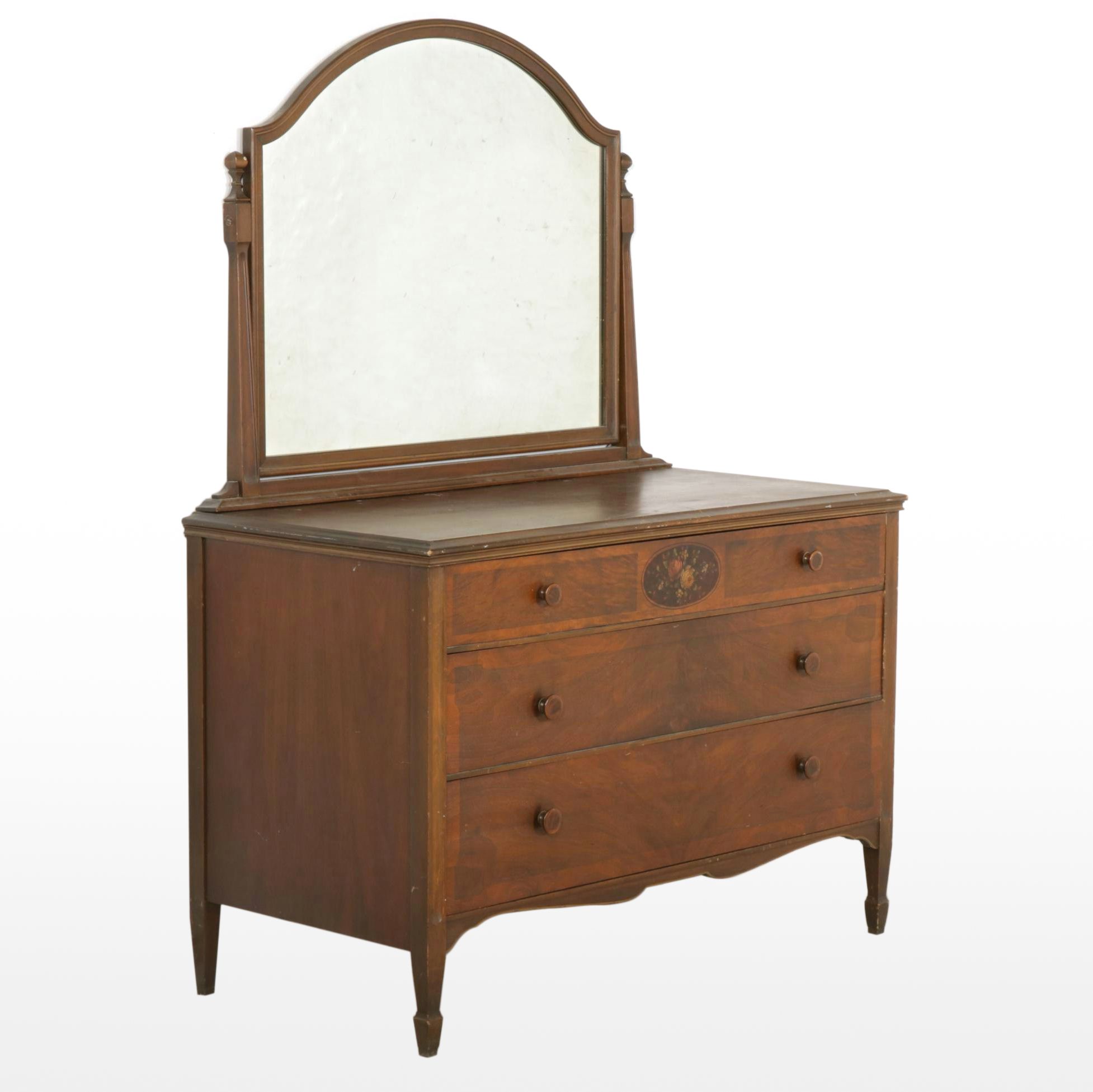 Mahogany Dresser and Mirror with Painted Medallion, Early 20th Century