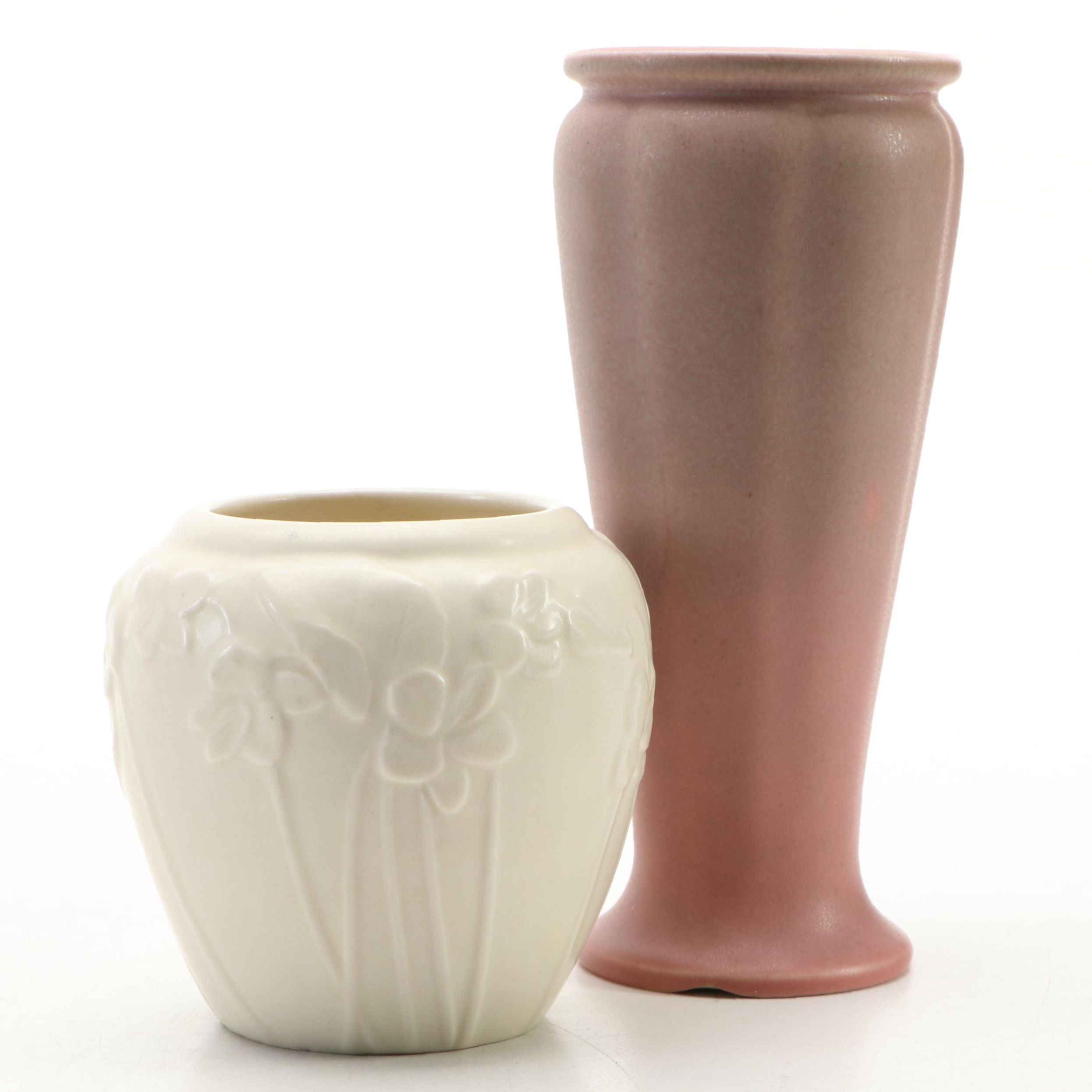 Rookwood Pink and White Pottery Vases, Early to Mid-20th Century