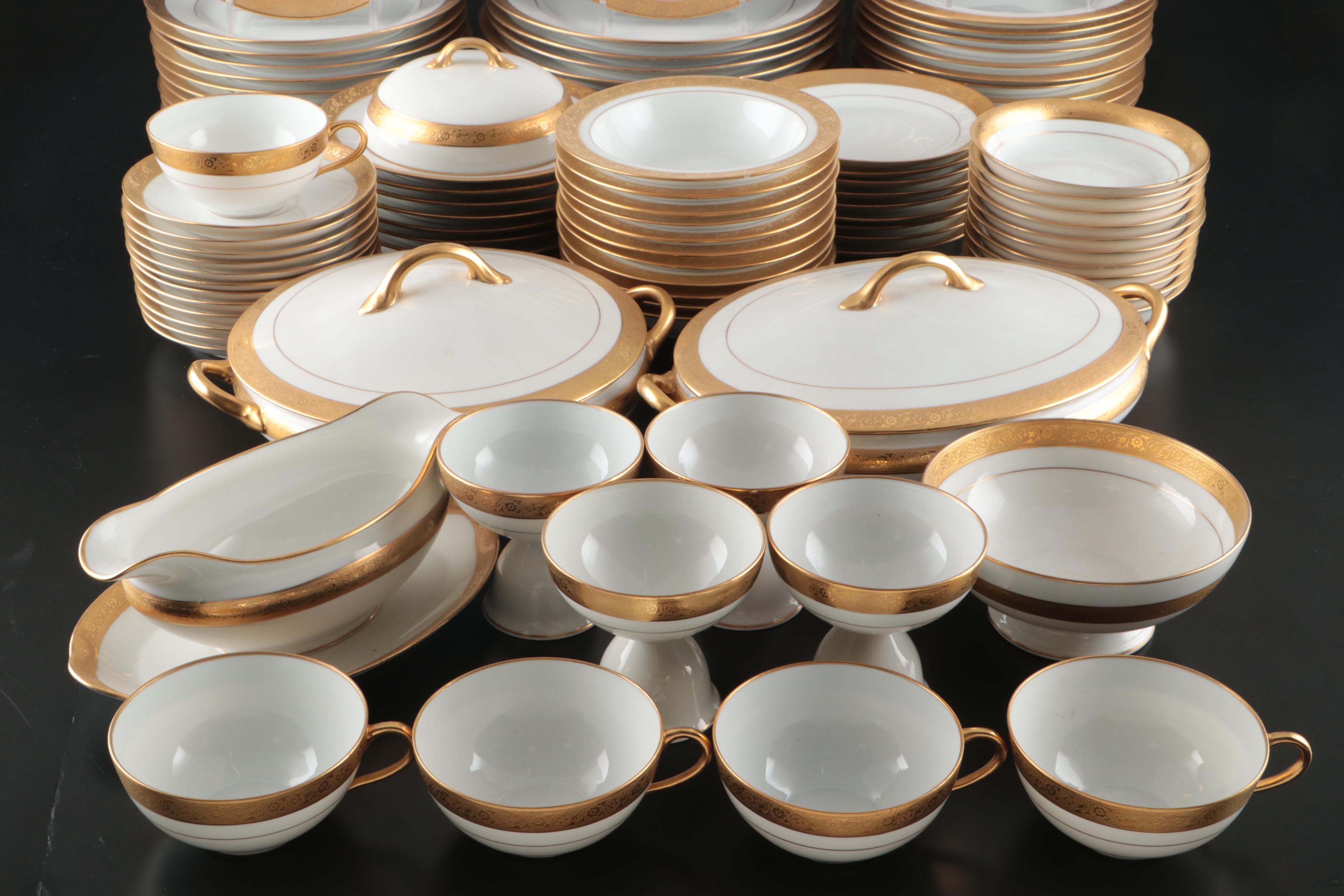 Art Deco Style Gilt Rim Porcelain Dinnerware and Serving Pieces