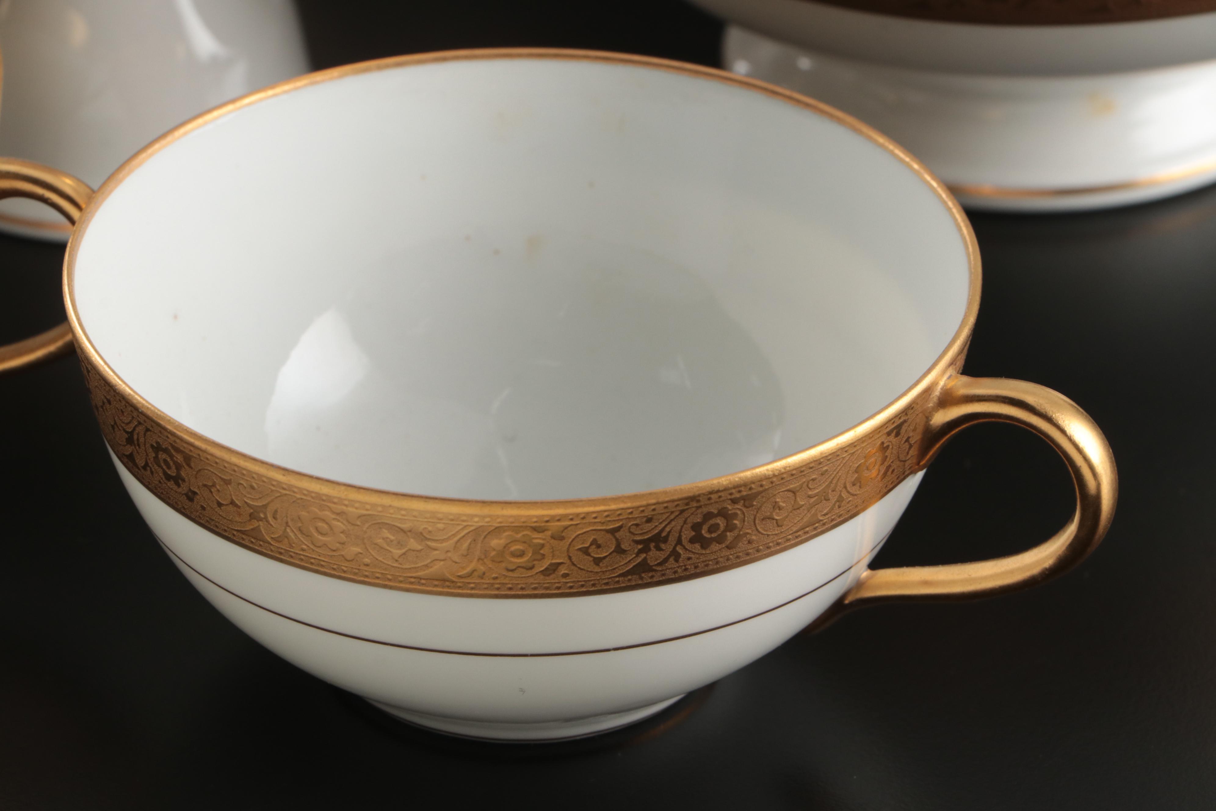 Art Deco Style Gilt Rim Porcelain Dinnerware and Serving Pieces
