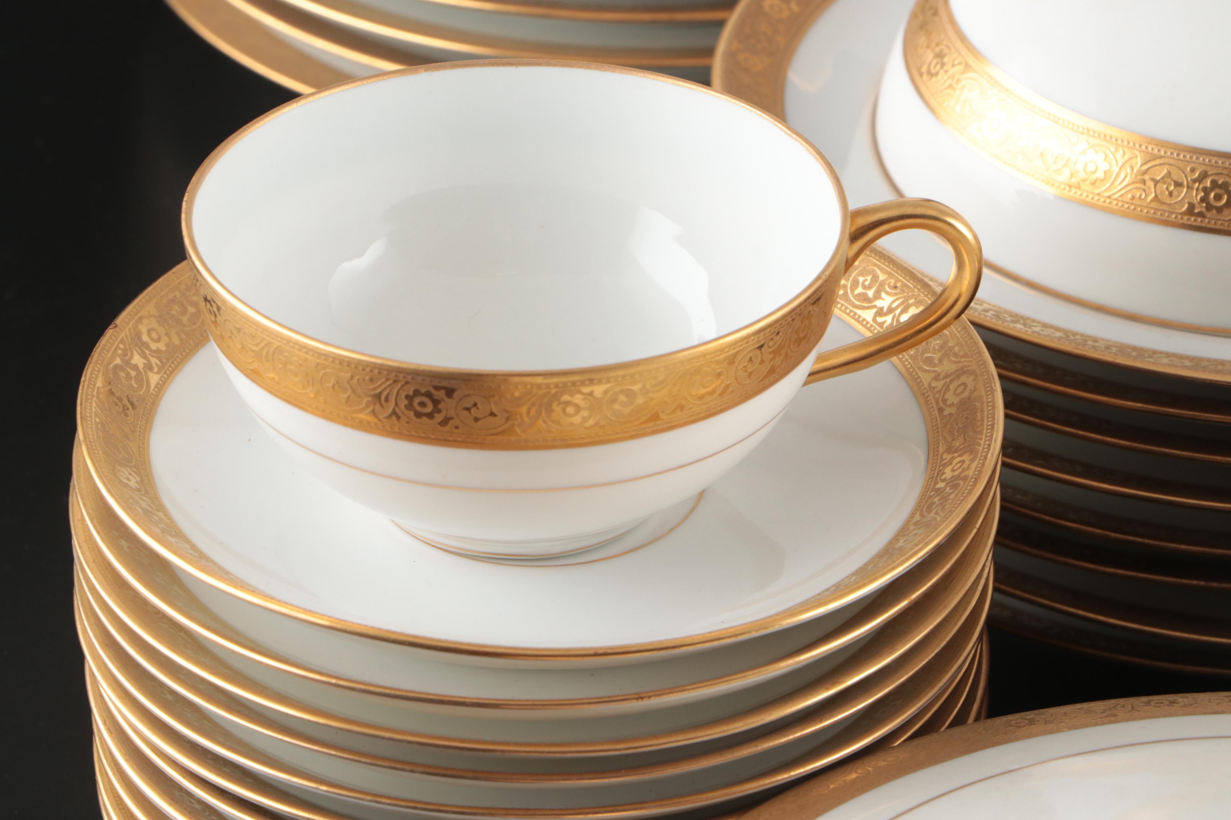 Art Deco Style Gilt Rim Porcelain Dinnerware and Serving Pieces