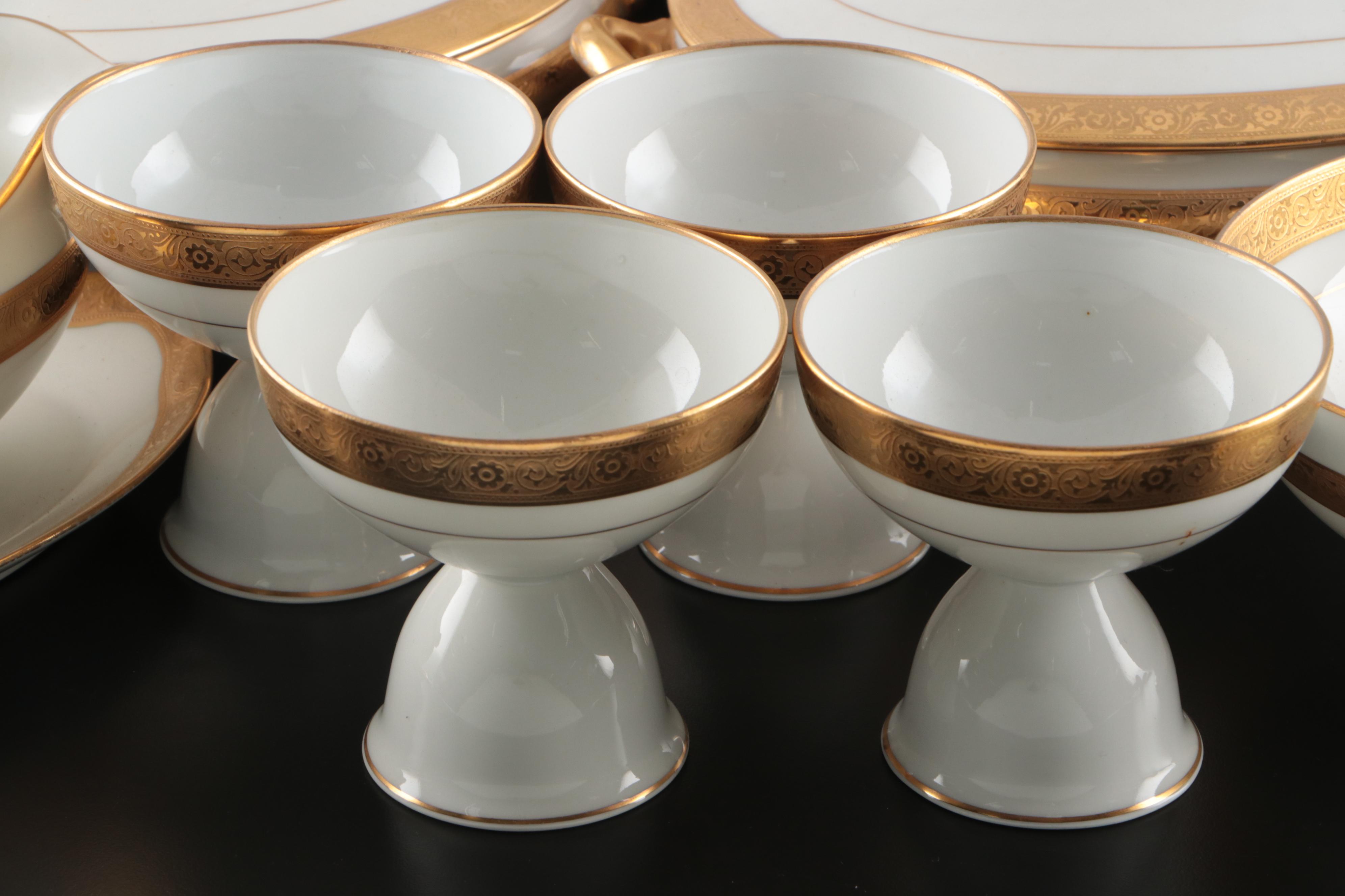 Art Deco Style Gilt Rim Porcelain Dinnerware and Serving Pieces