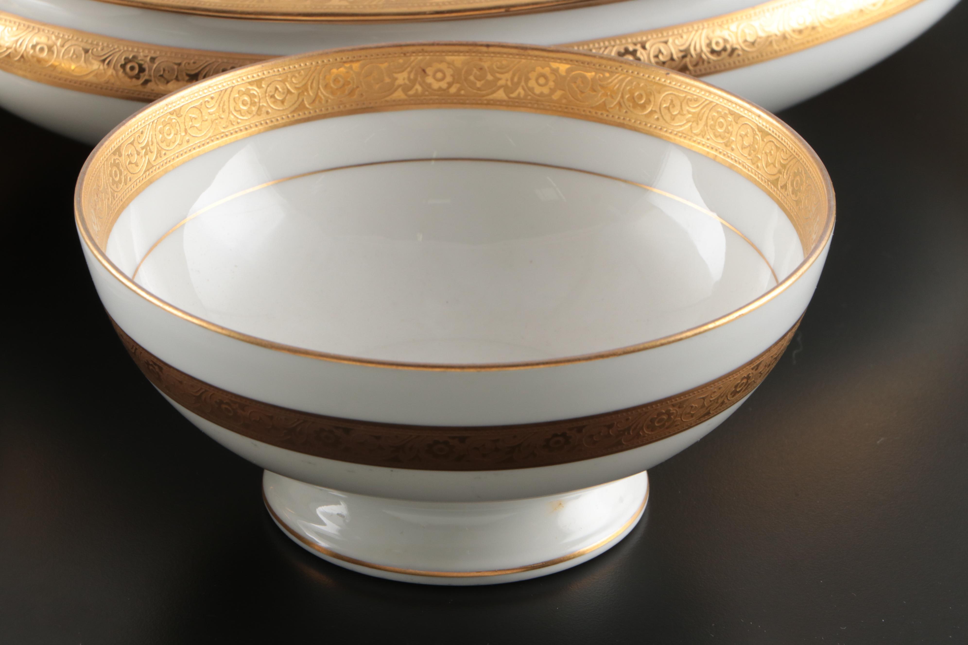 Art Deco Style Gilt Rim Porcelain Dinnerware and Serving Pieces