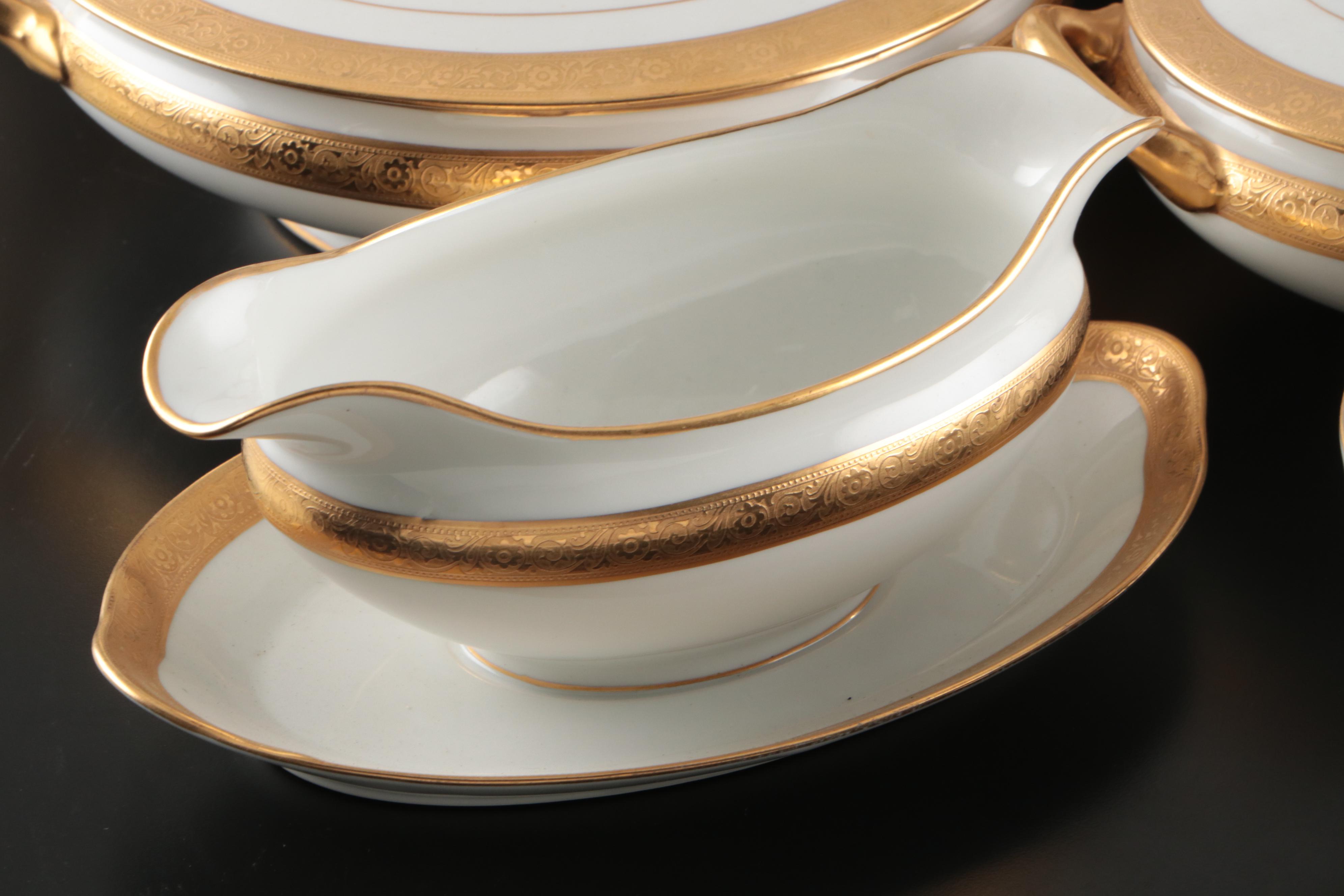 Art Deco Style Gilt Rim Porcelain Dinnerware and Serving Pieces