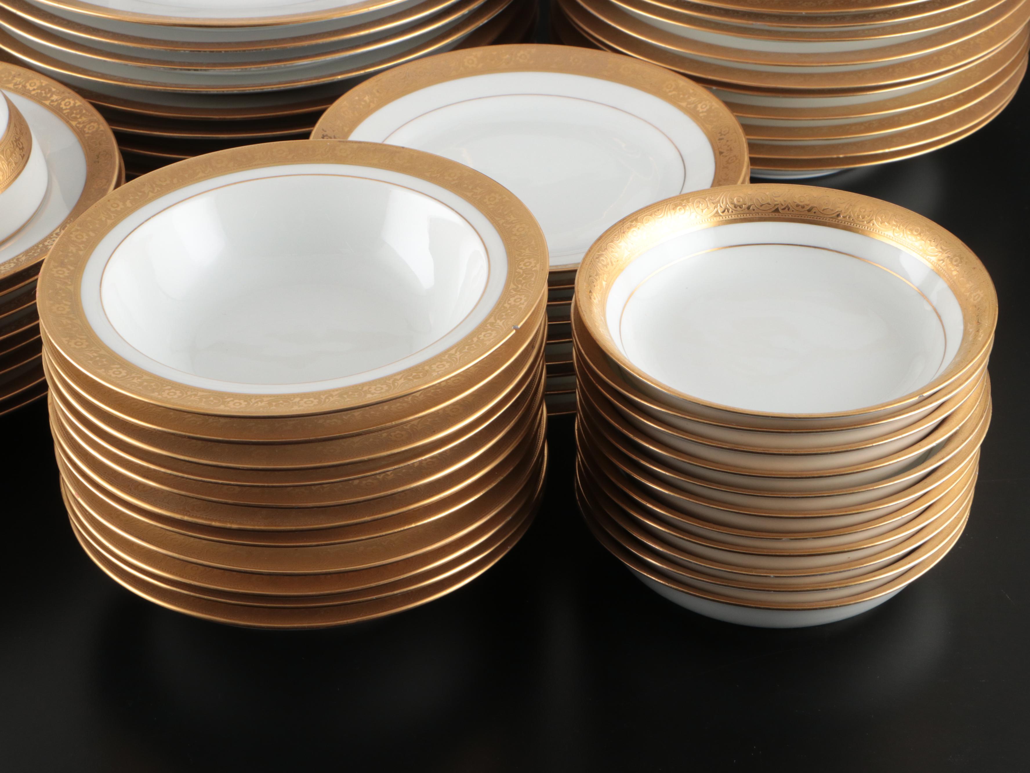 Art Deco Style Gilt Rim Porcelain Dinnerware and Serving Pieces