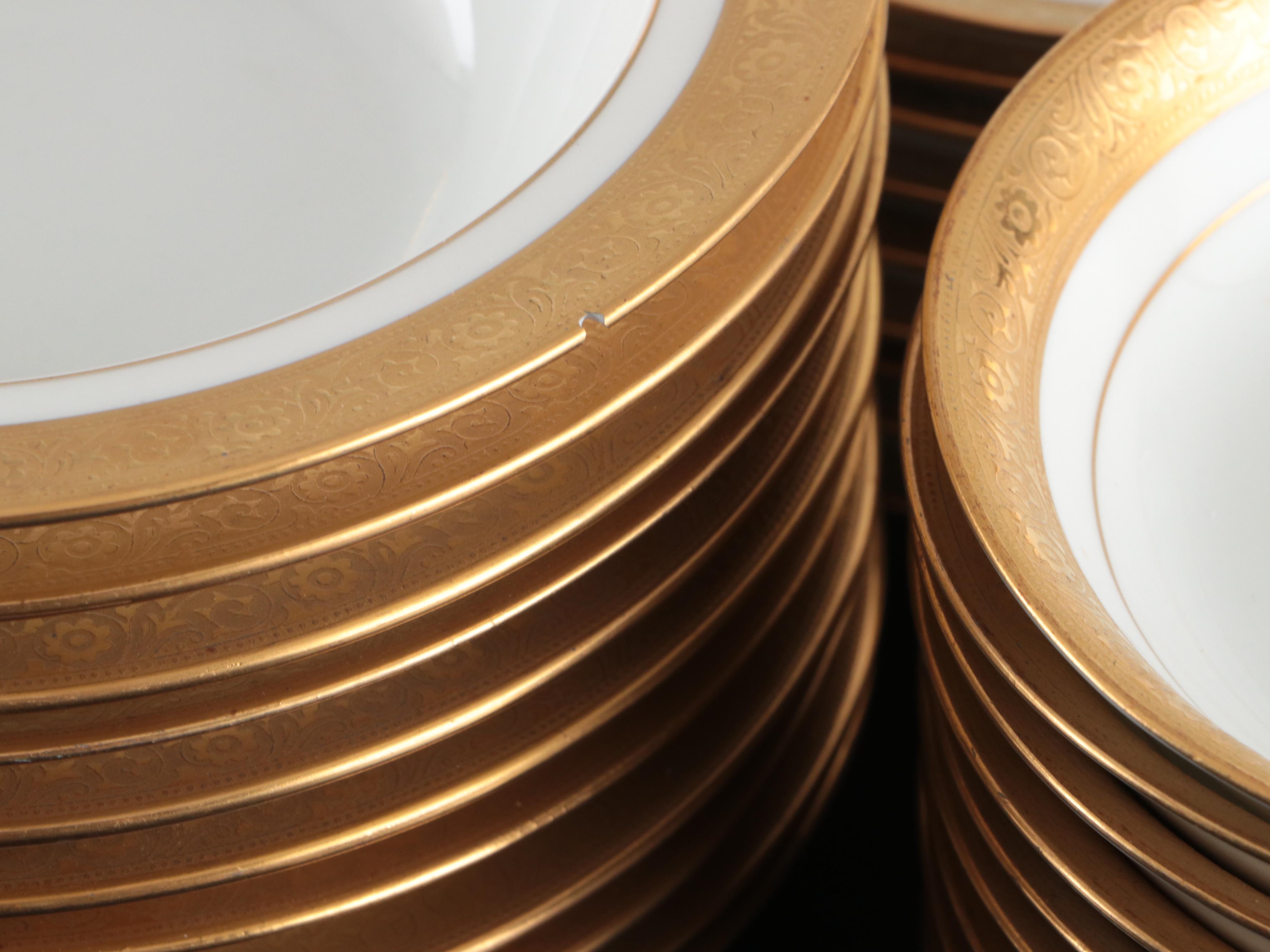 Art Deco Style Gilt Rim Porcelain Dinnerware and Serving Pieces