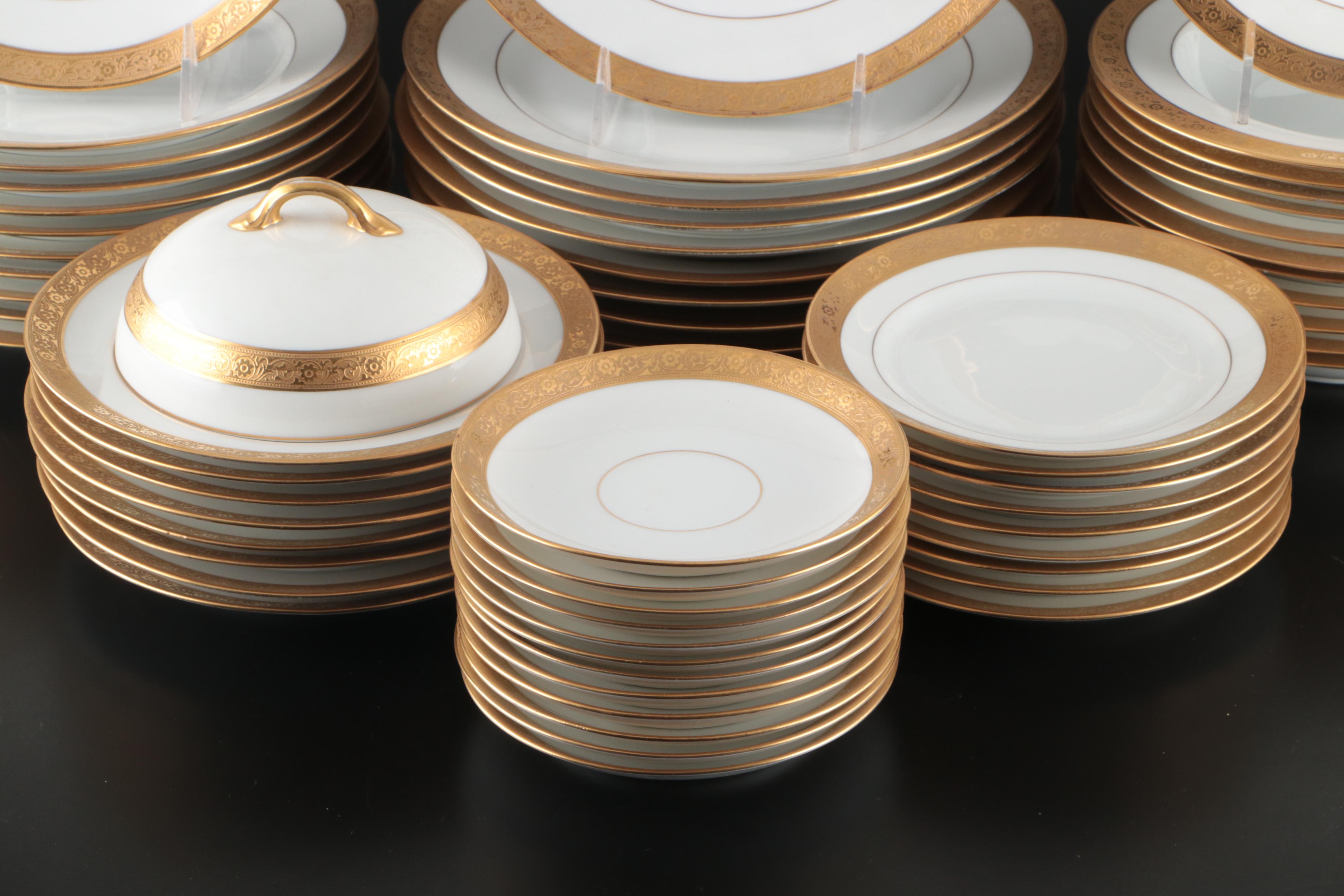Art Deco Style Gilt Rim Porcelain Dinnerware and Serving Pieces