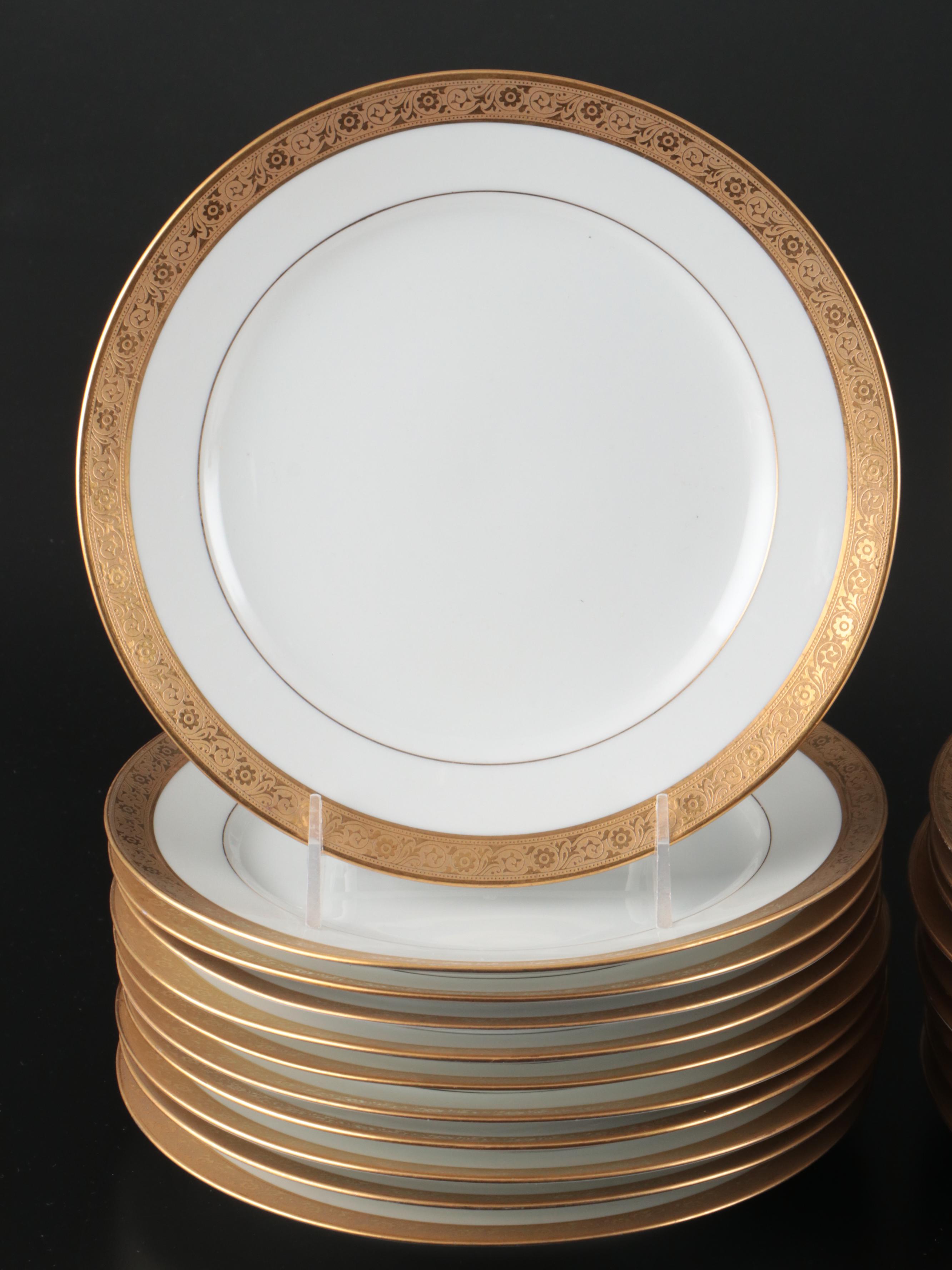 Art Deco Style Gilt Rim Porcelain Dinnerware and Serving Pieces