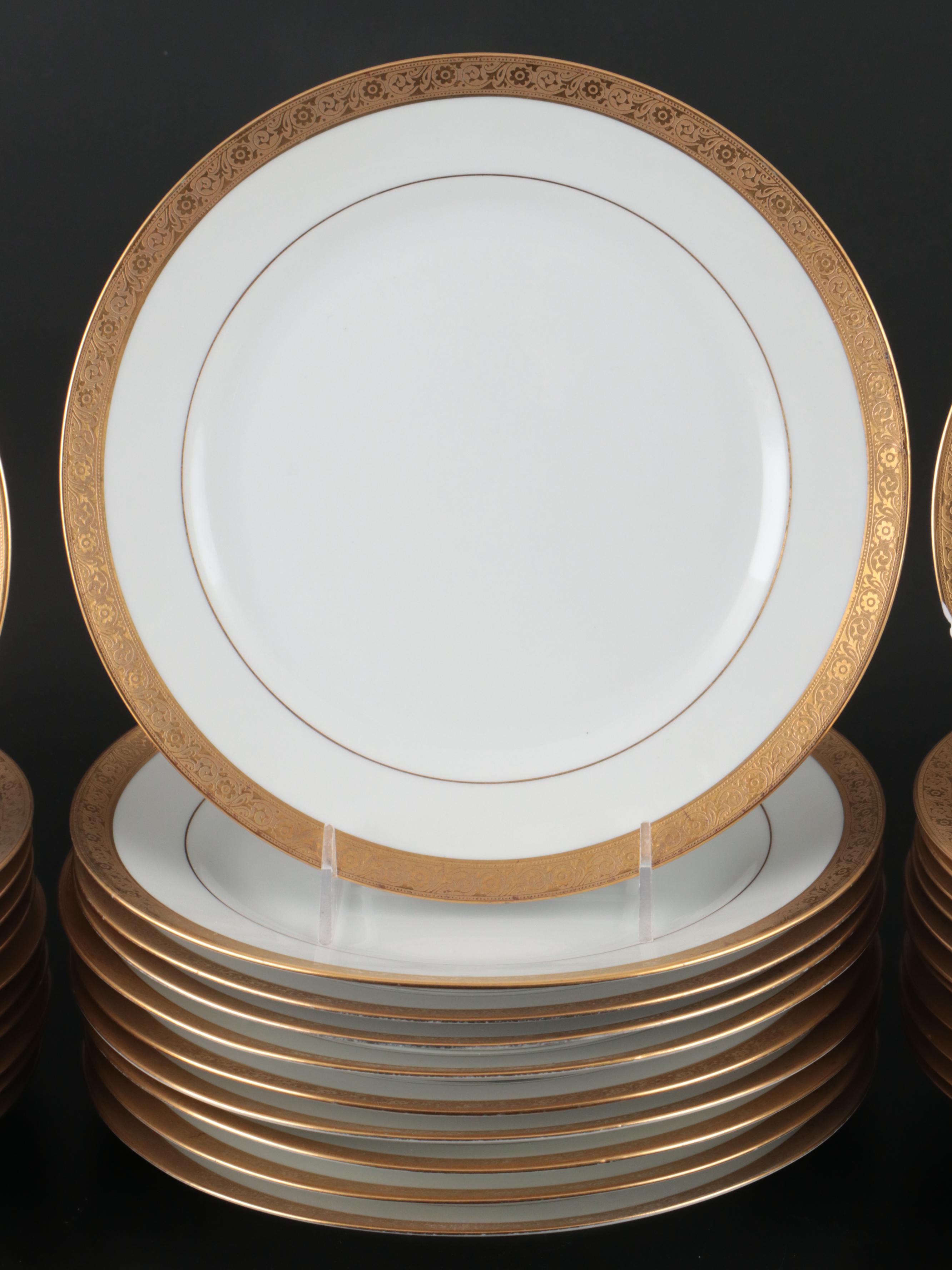 Art Deco Style Gilt Rim Porcelain Dinnerware and Serving Pieces