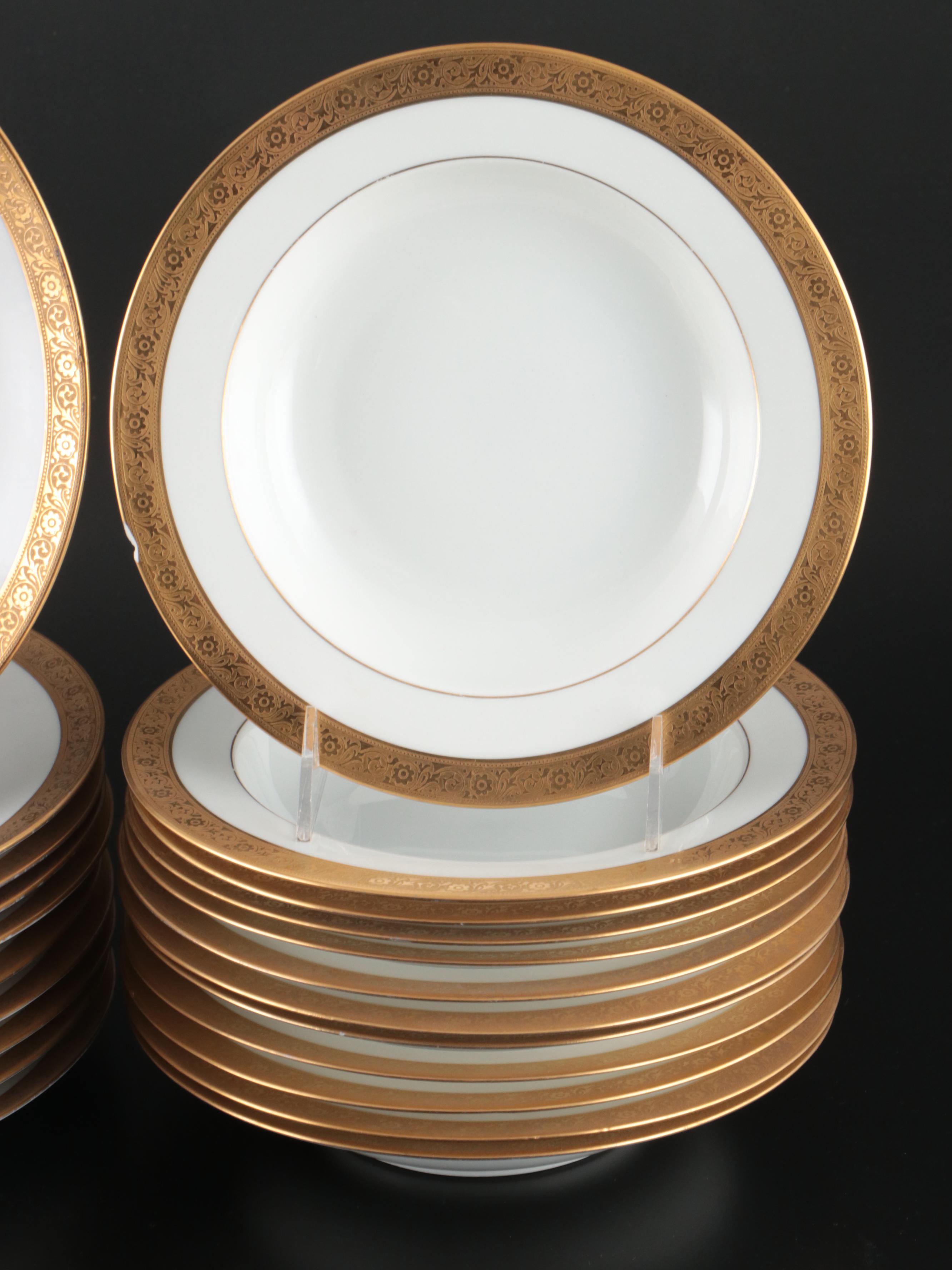 Art Deco Style Gilt Rim Porcelain Dinnerware and Serving Pieces