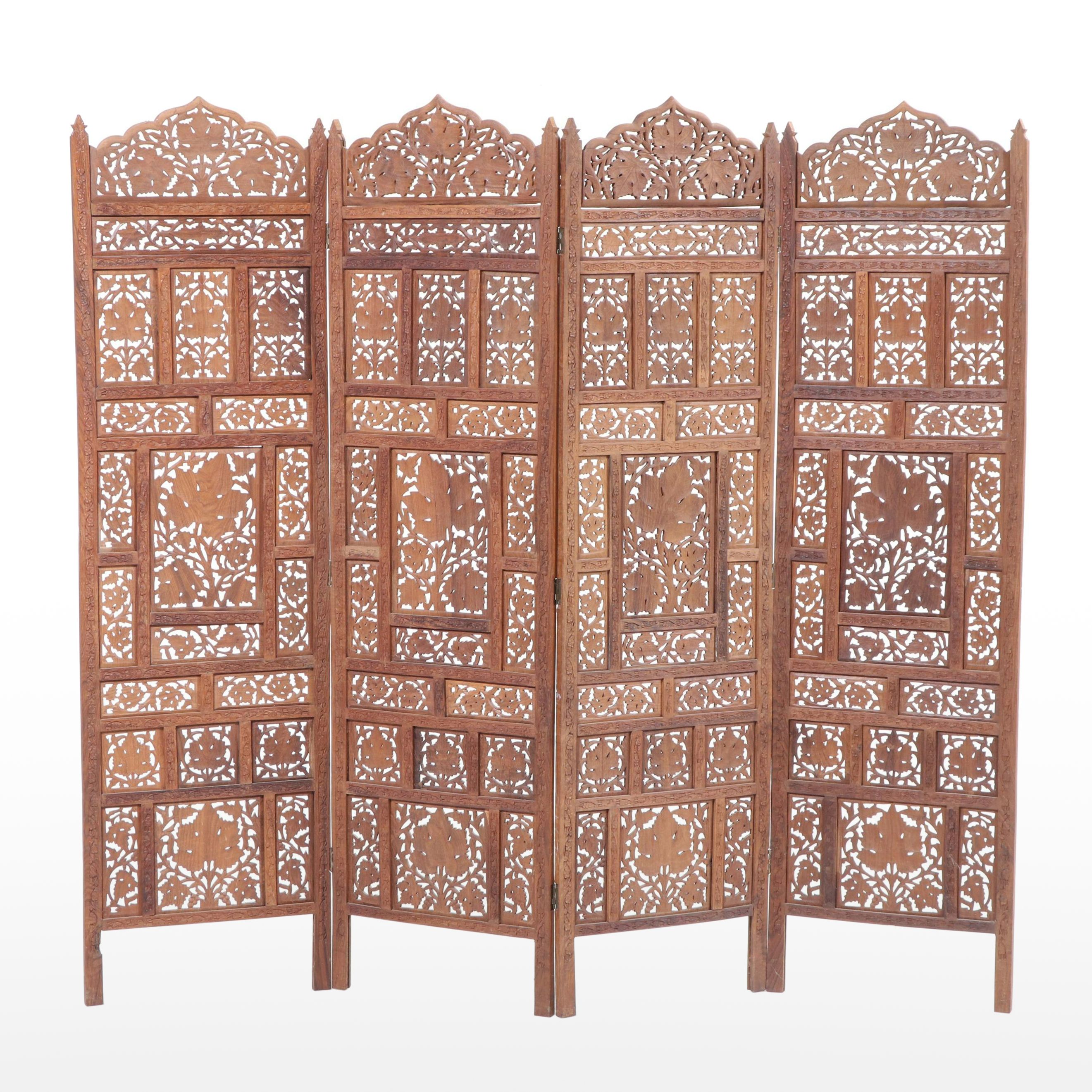Indian Carved and Reticulated Teak Four-Panel Folding Screen