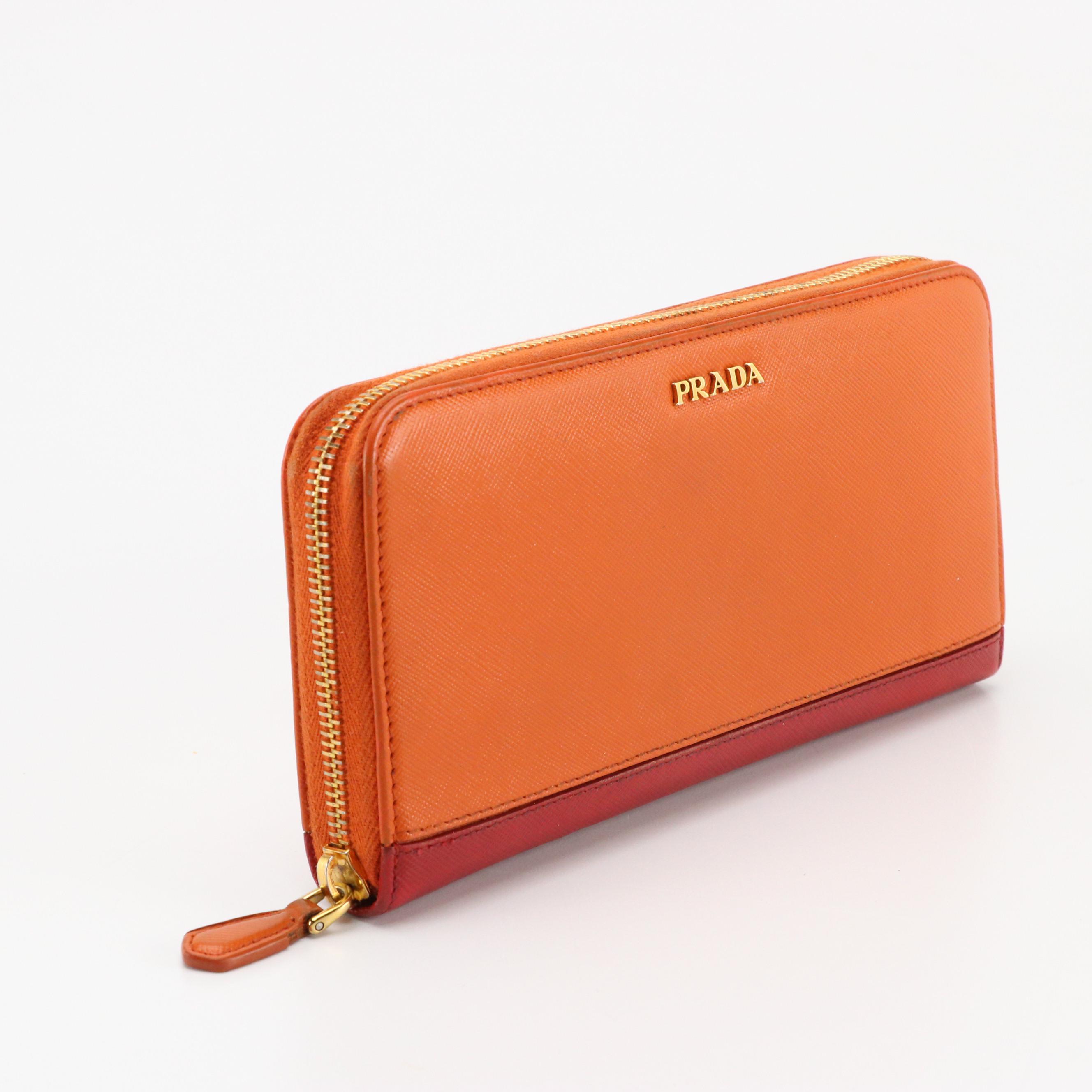 Prada Red and Orange Saffiano Leather Zip-Around Wallet in Box