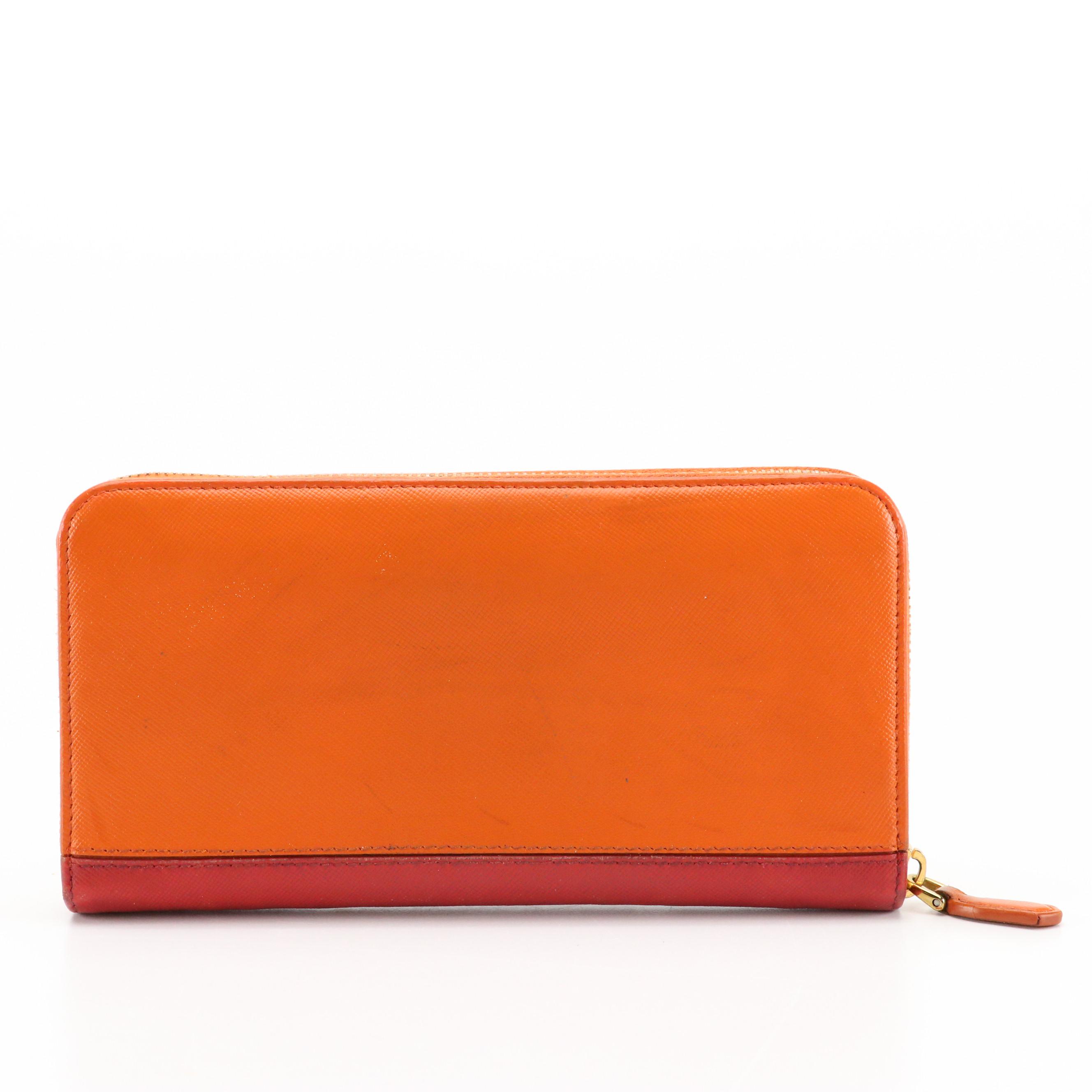Prada Red and Orange Saffiano Leather Zip-Around Wallet in Box