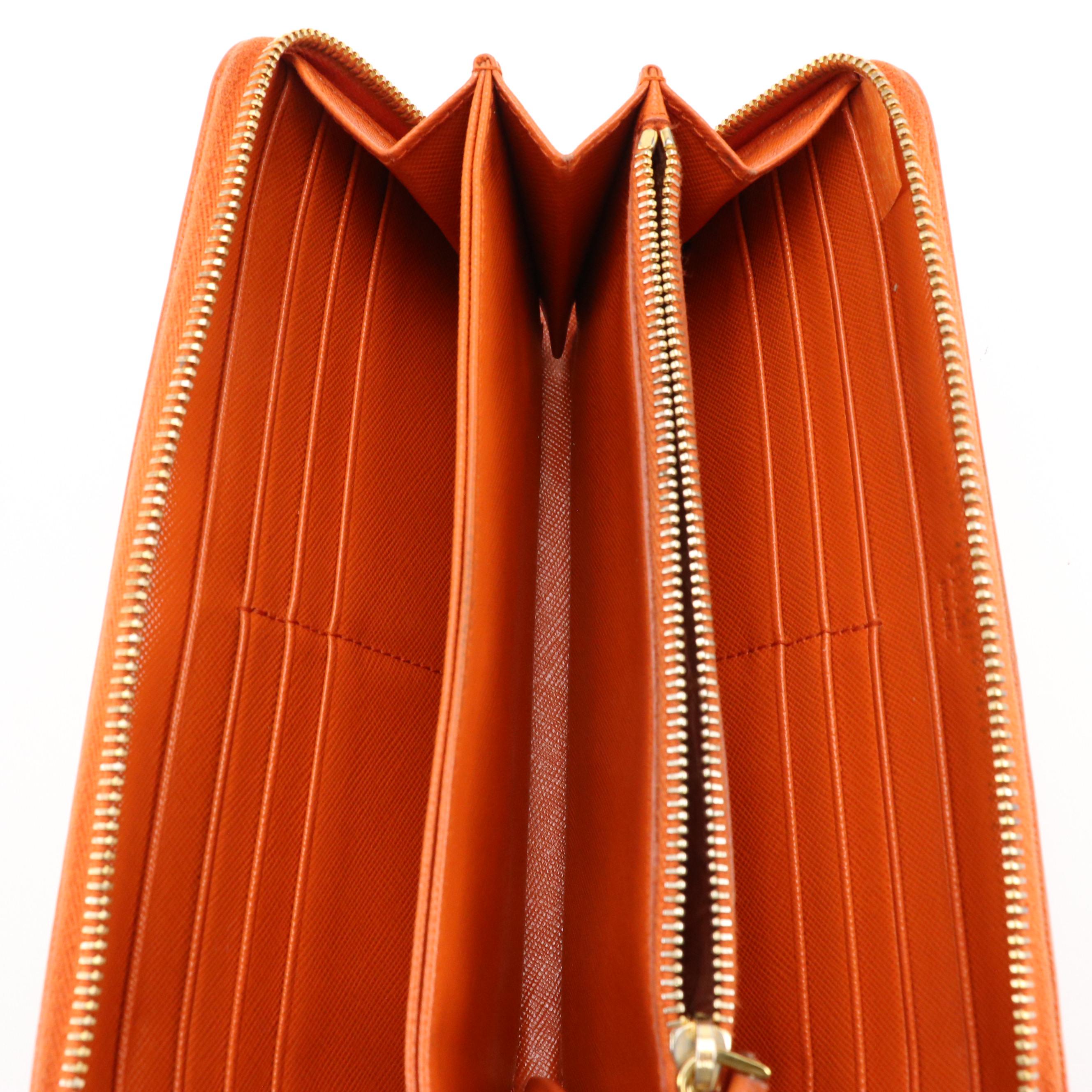 Prada Red and Orange Saffiano Leather Zip-Around Wallet in Box