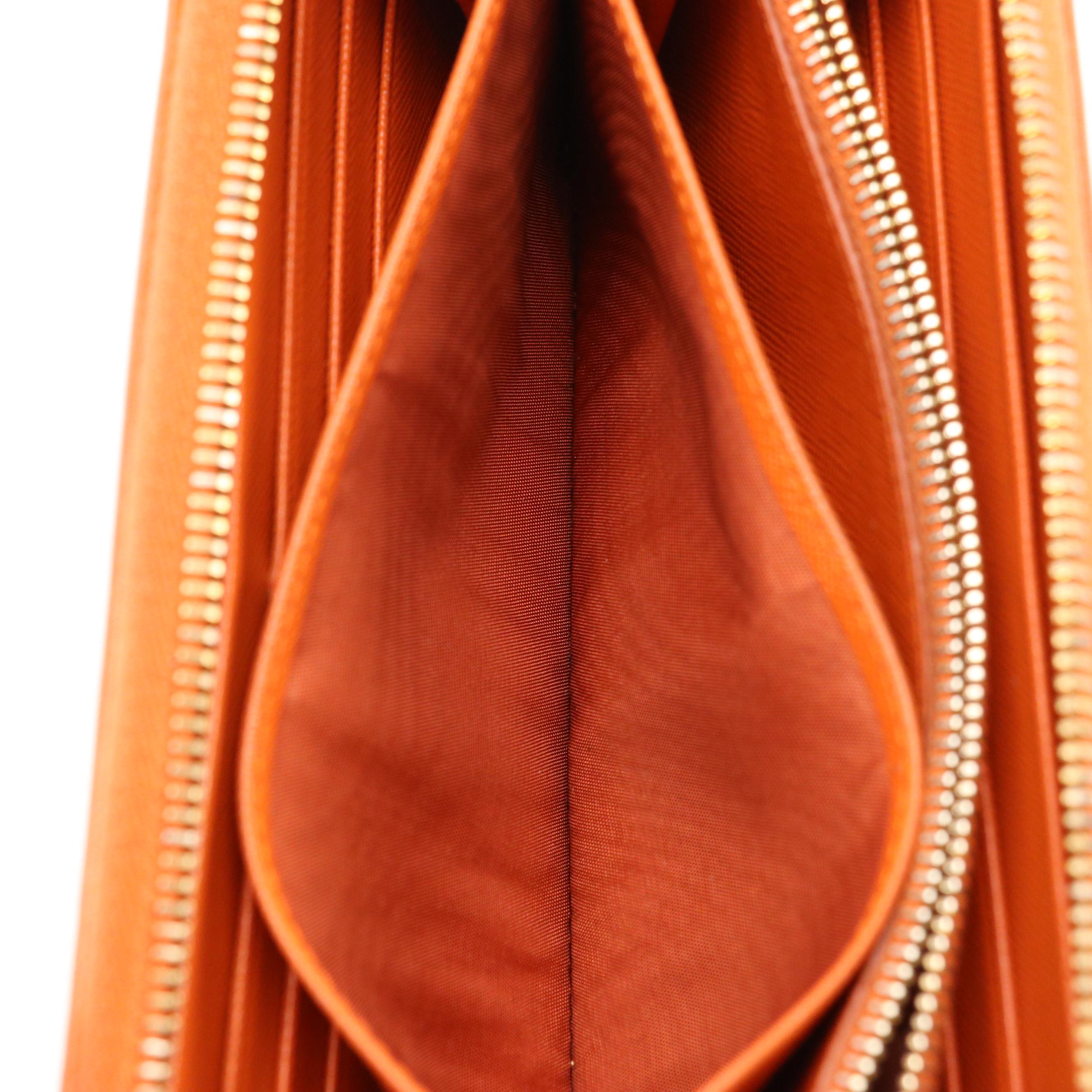 Prada Red and Orange Saffiano Leather Zip-Around Wallet in Box