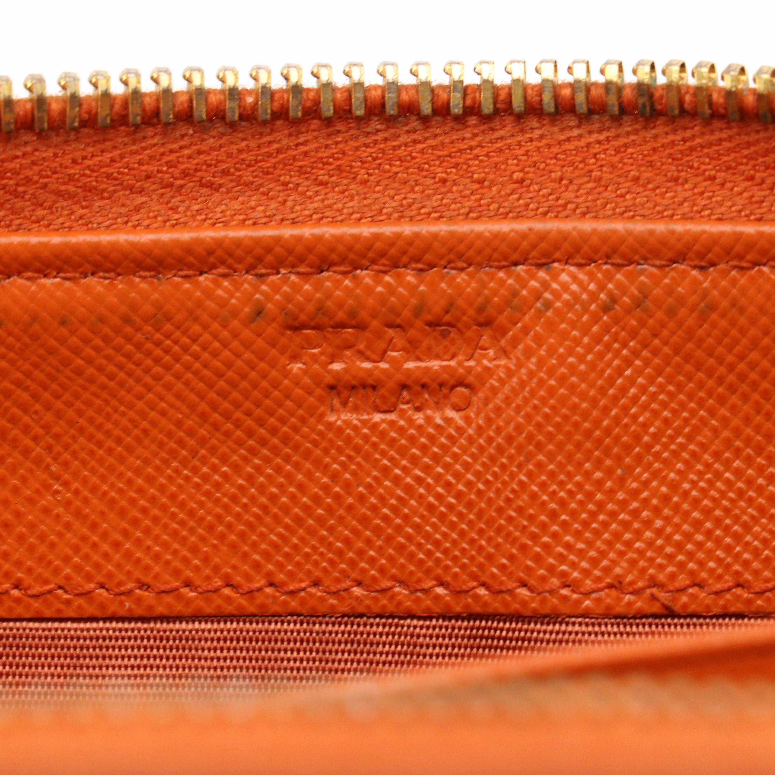 Prada Red and Orange Saffiano Leather Zip-Around Wallet in Box