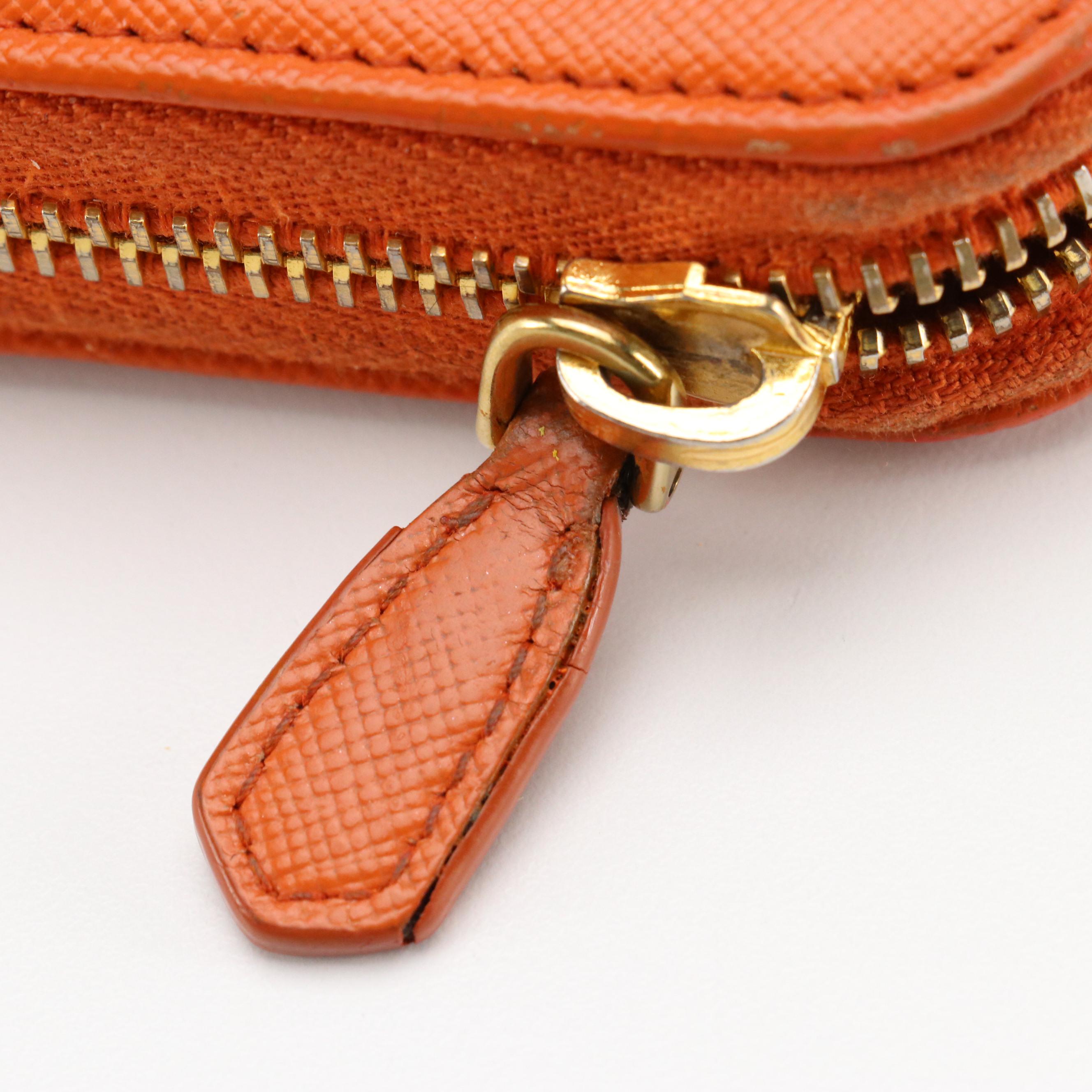 Prada Red and Orange Saffiano Leather Zip-Around Wallet in Box