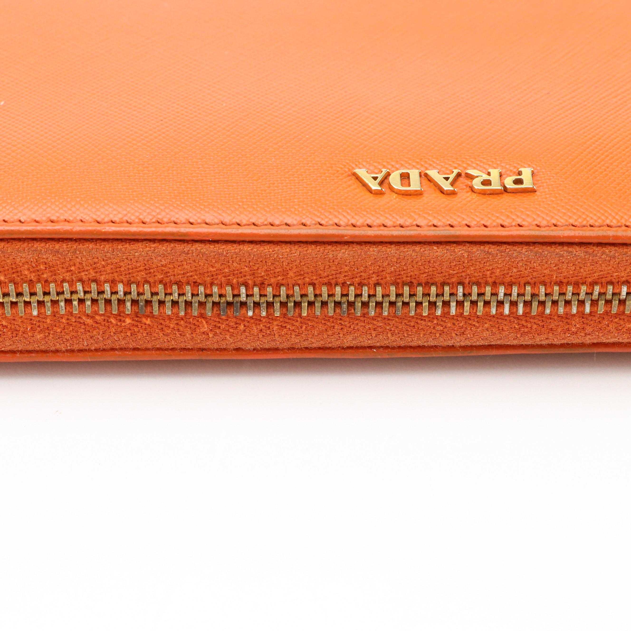 Prada Red and Orange Saffiano Leather Zip-Around Wallet in Box