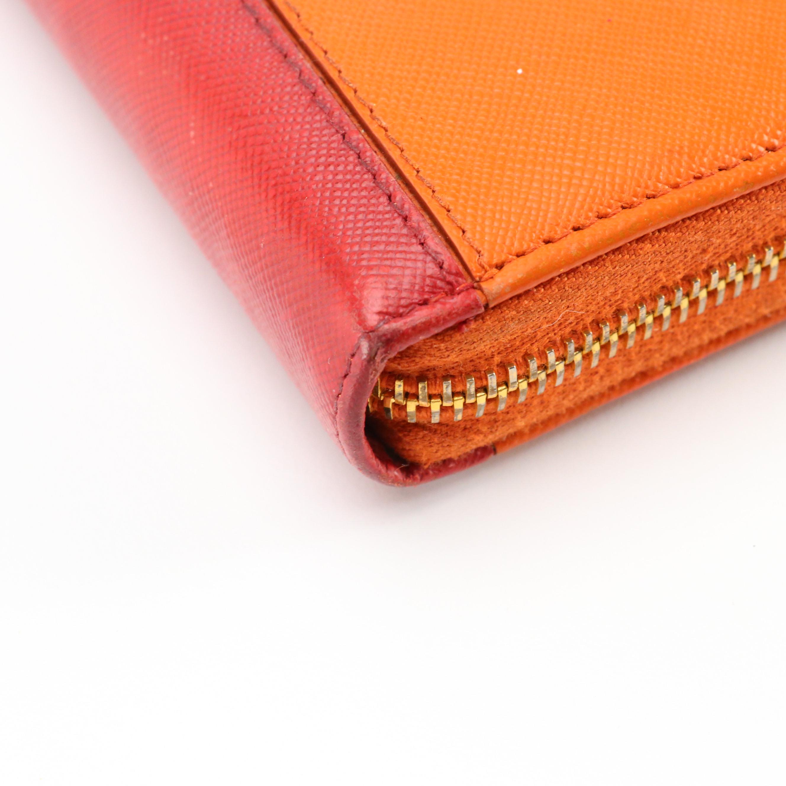 Prada Red and Orange Saffiano Leather Zip-Around Wallet in Box