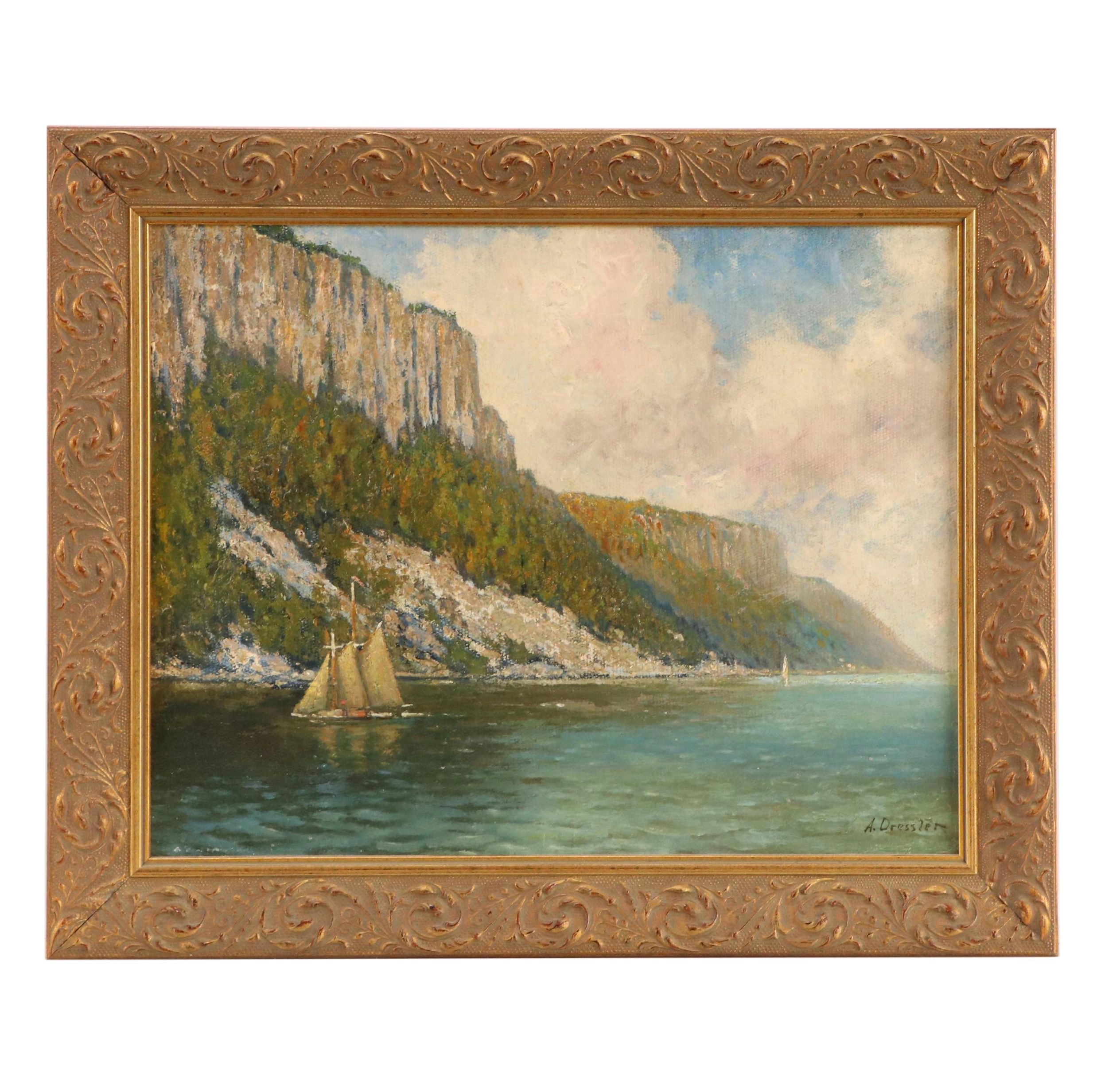 A. Dressler Oil Painting of Hudson River Landscape Near Yonkers, New York
