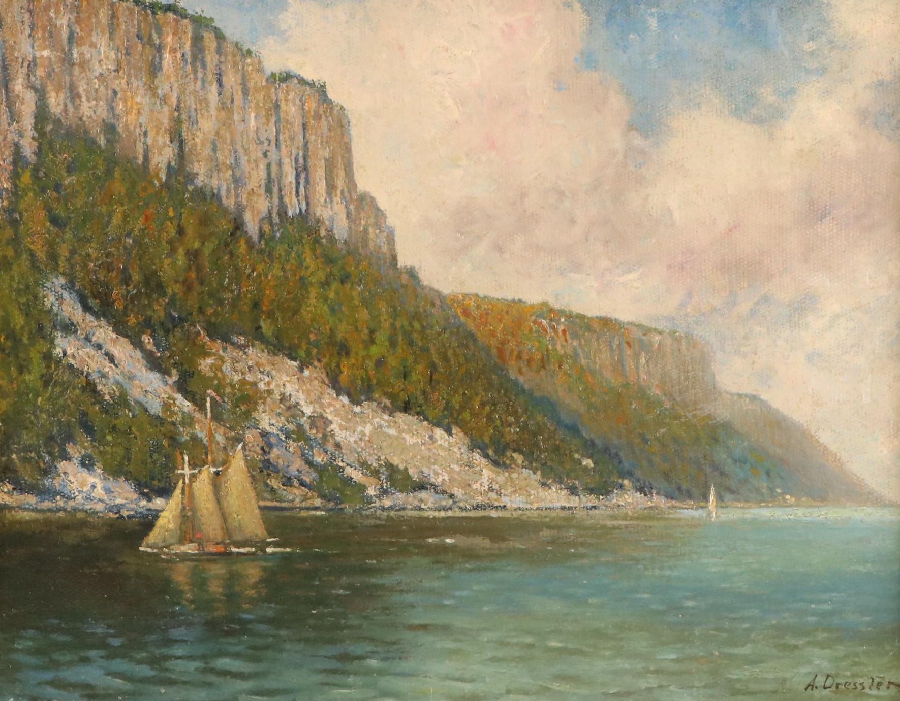 A. Dressler Oil Painting of Hudson River Landscape Near Yonkers, New York