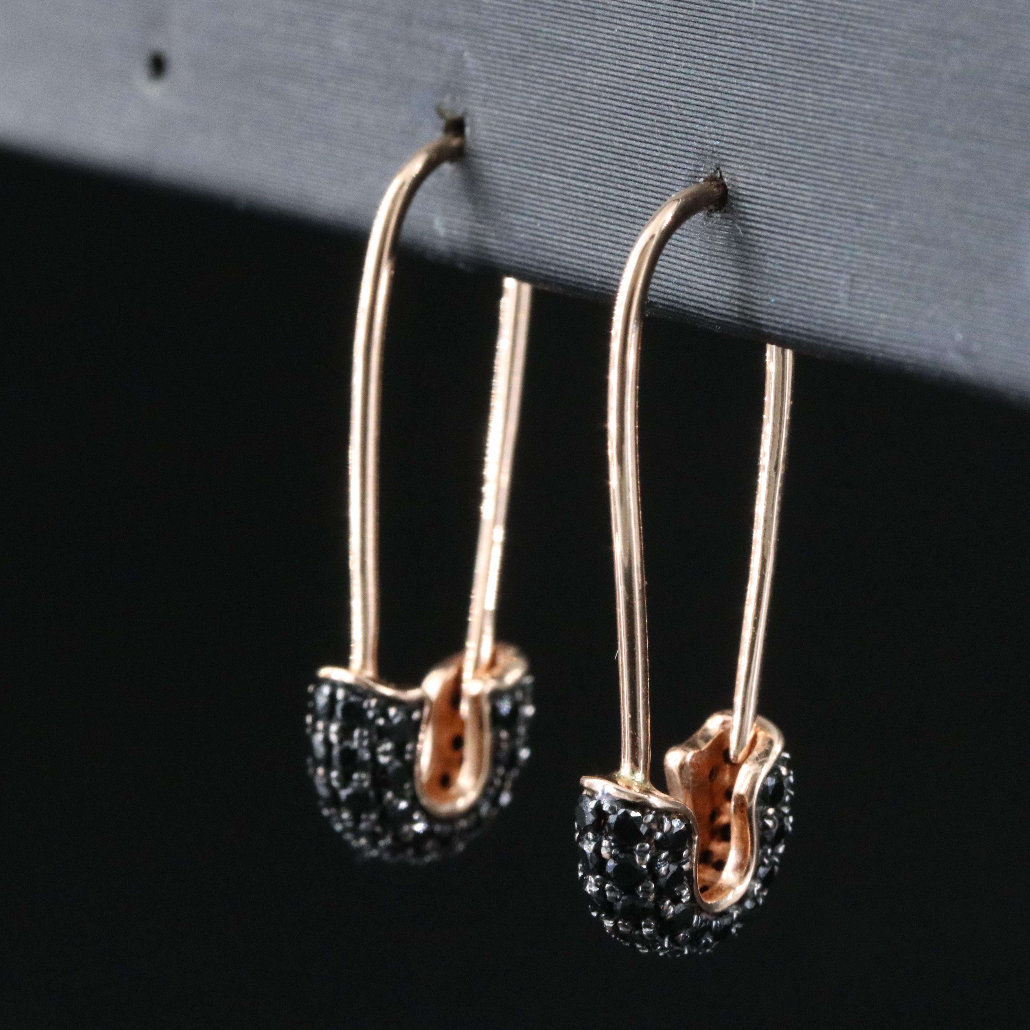 14K Rose Gold 0.50 CTW Black Diamond Safety Pin Earrings