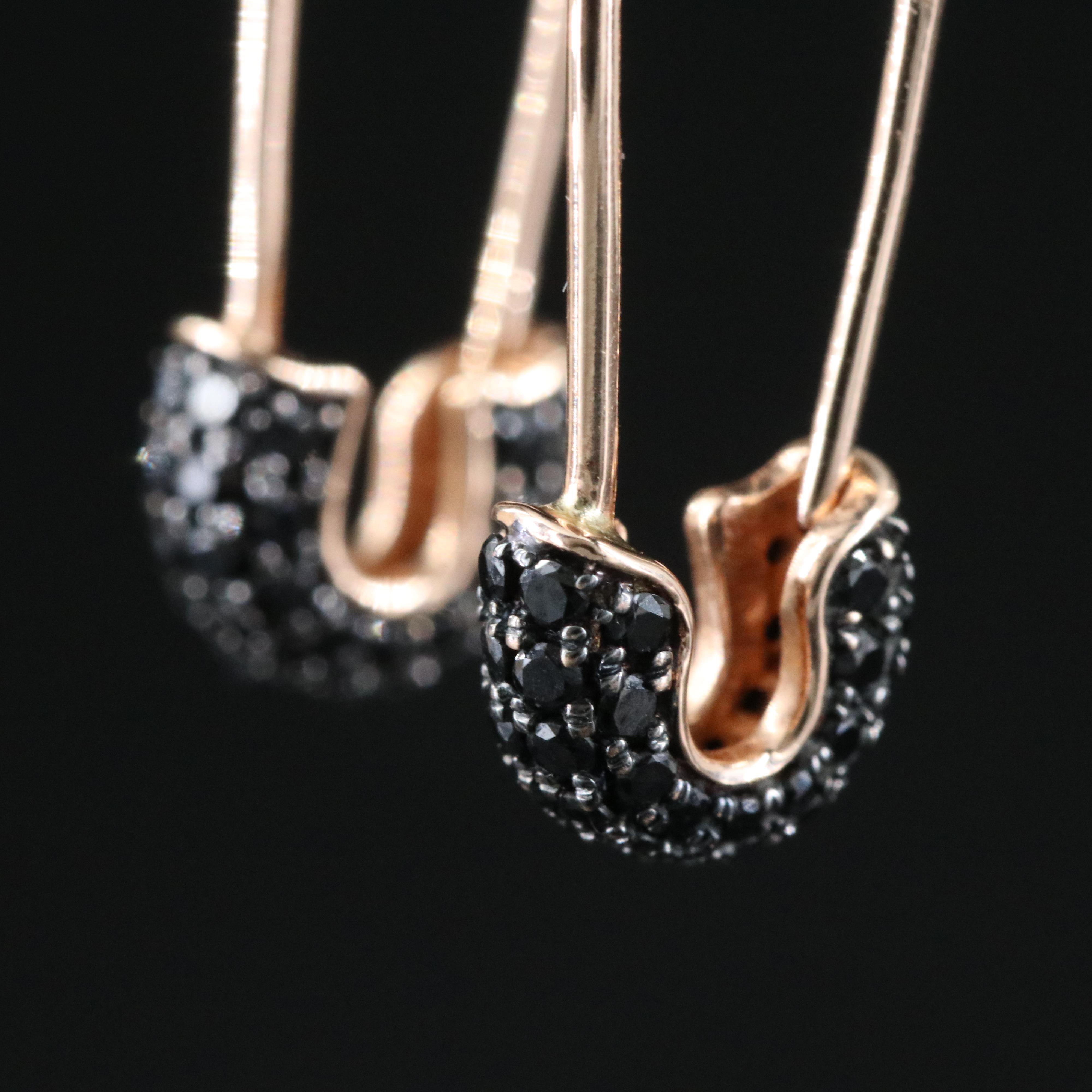 14K Rose Gold 0.50 CTW Black Diamond Safety Pin Earrings