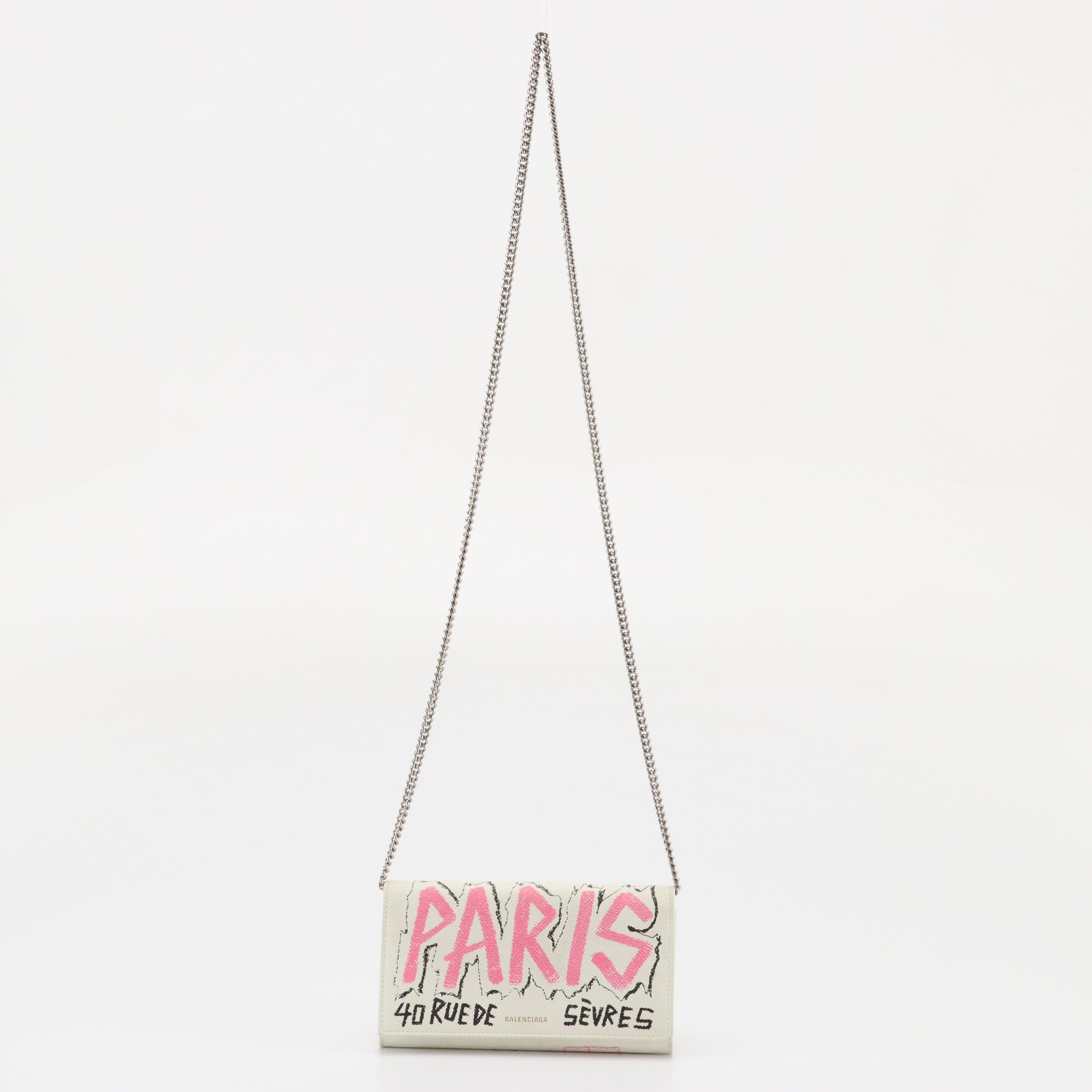 Balenciaga Wallet On Chain in Multicolor BB Graffiti White Leather