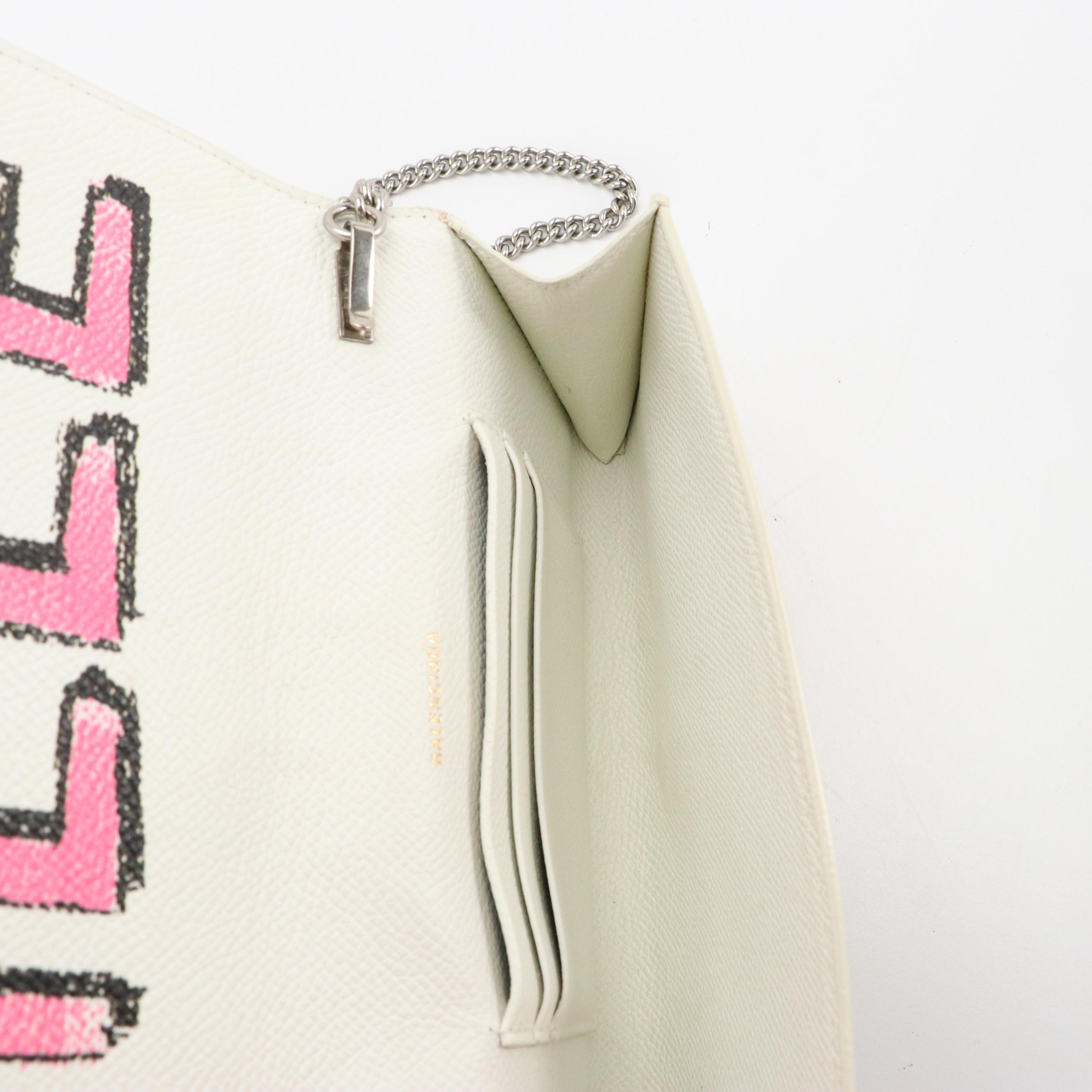 Balenciaga Wallet On Chain in Multicolor BB Graffiti White Leather
