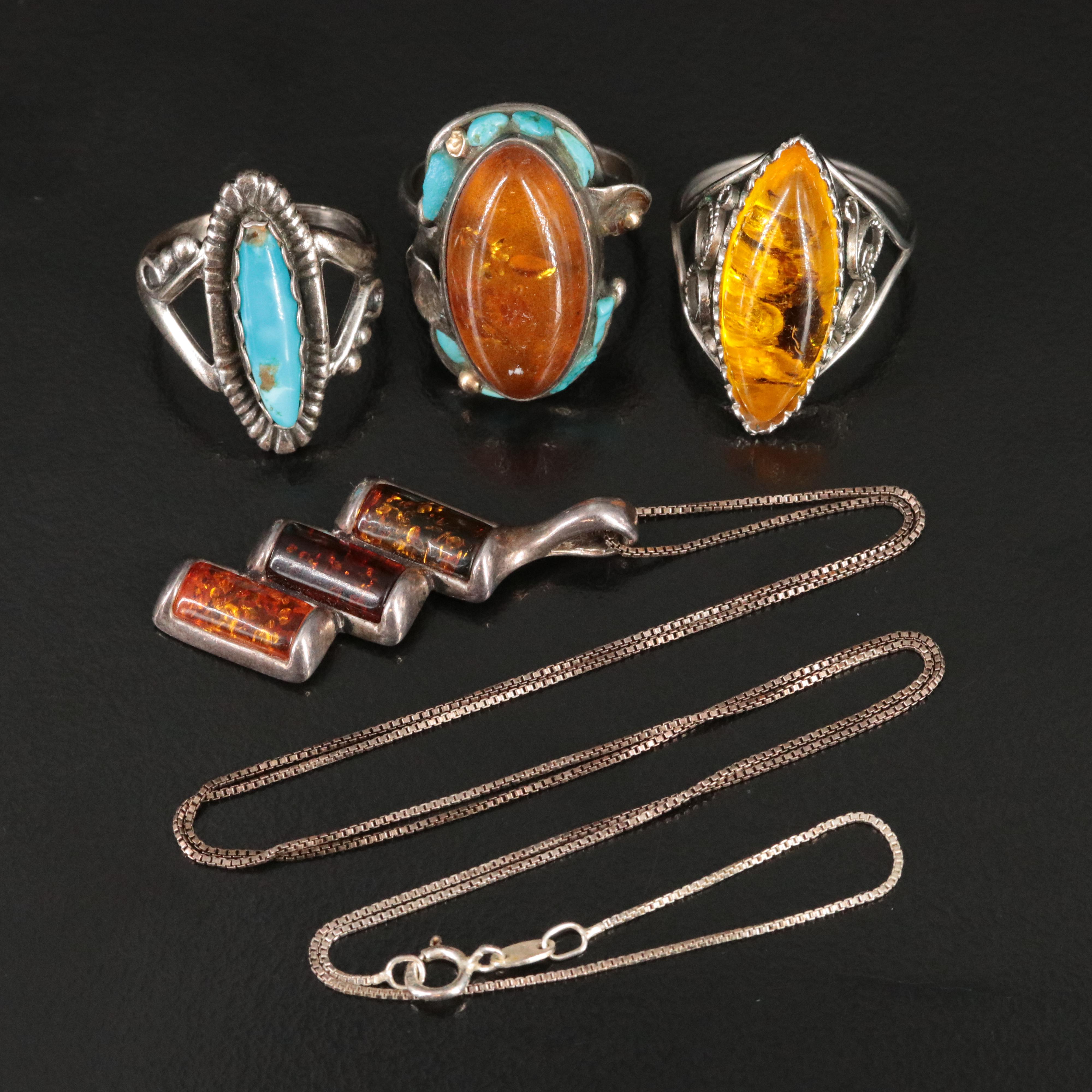 Sterling Turquoise and Amber Necklace and Rings