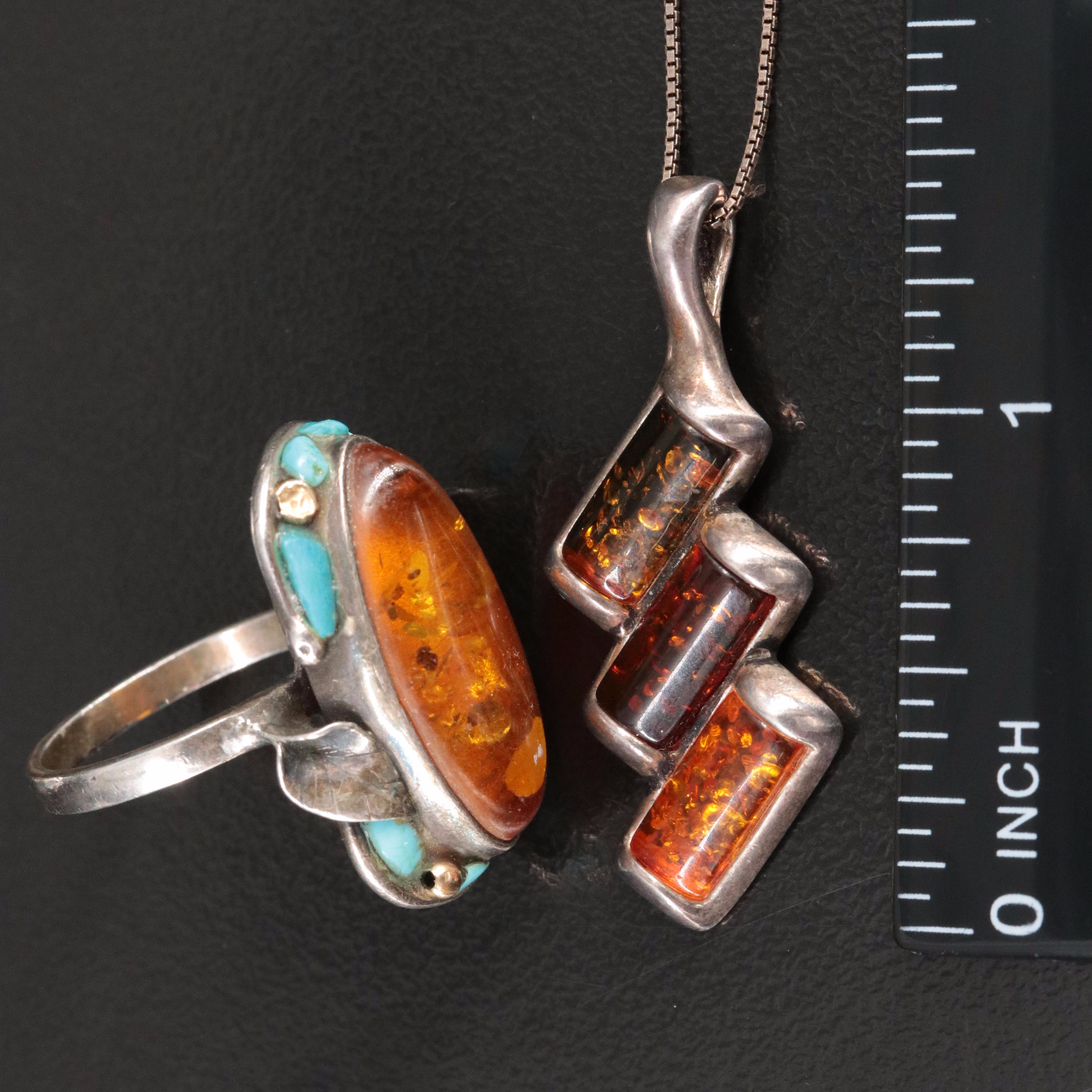 Sterling Turquoise and Amber Necklace and Rings