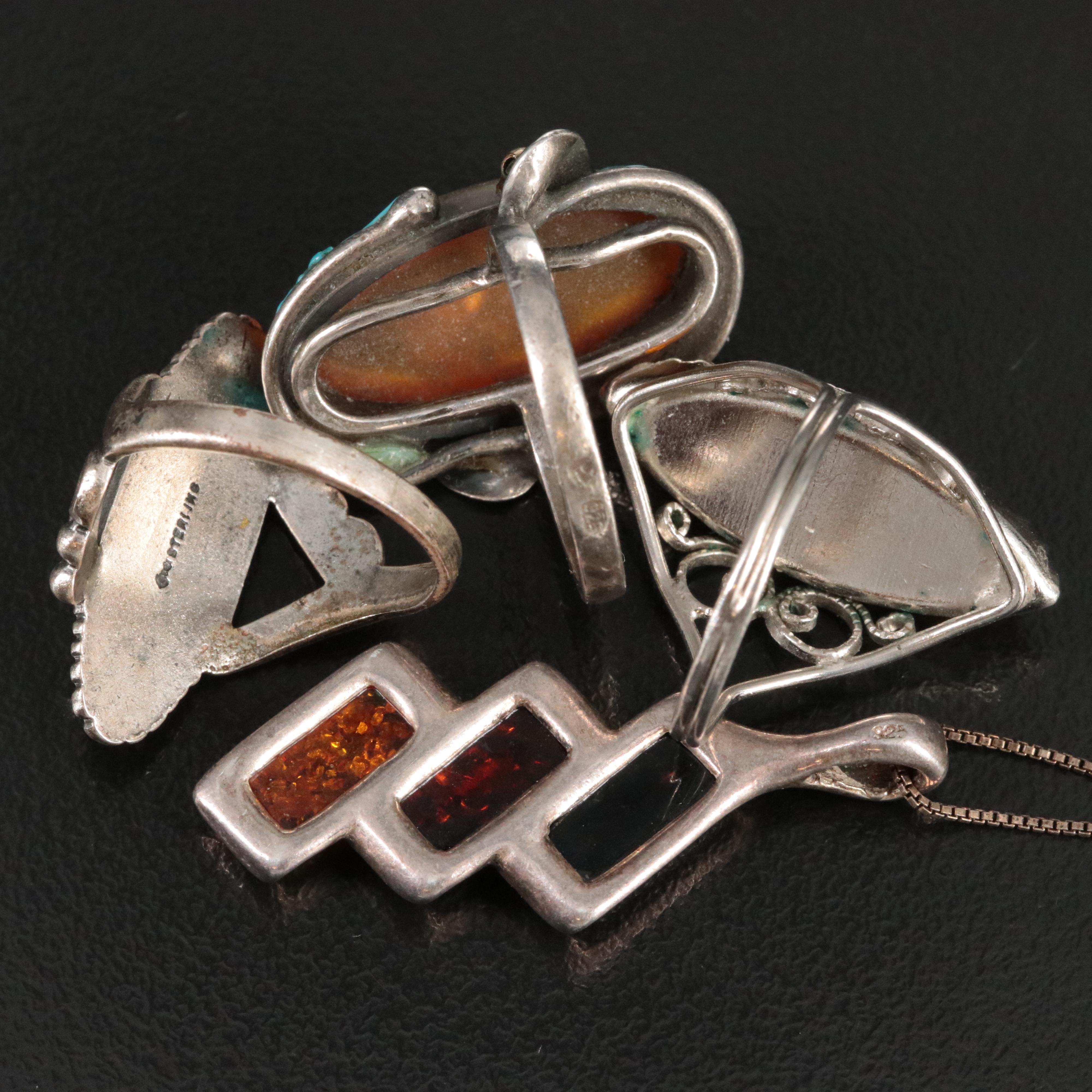 Sterling Turquoise and Amber Necklace and Rings