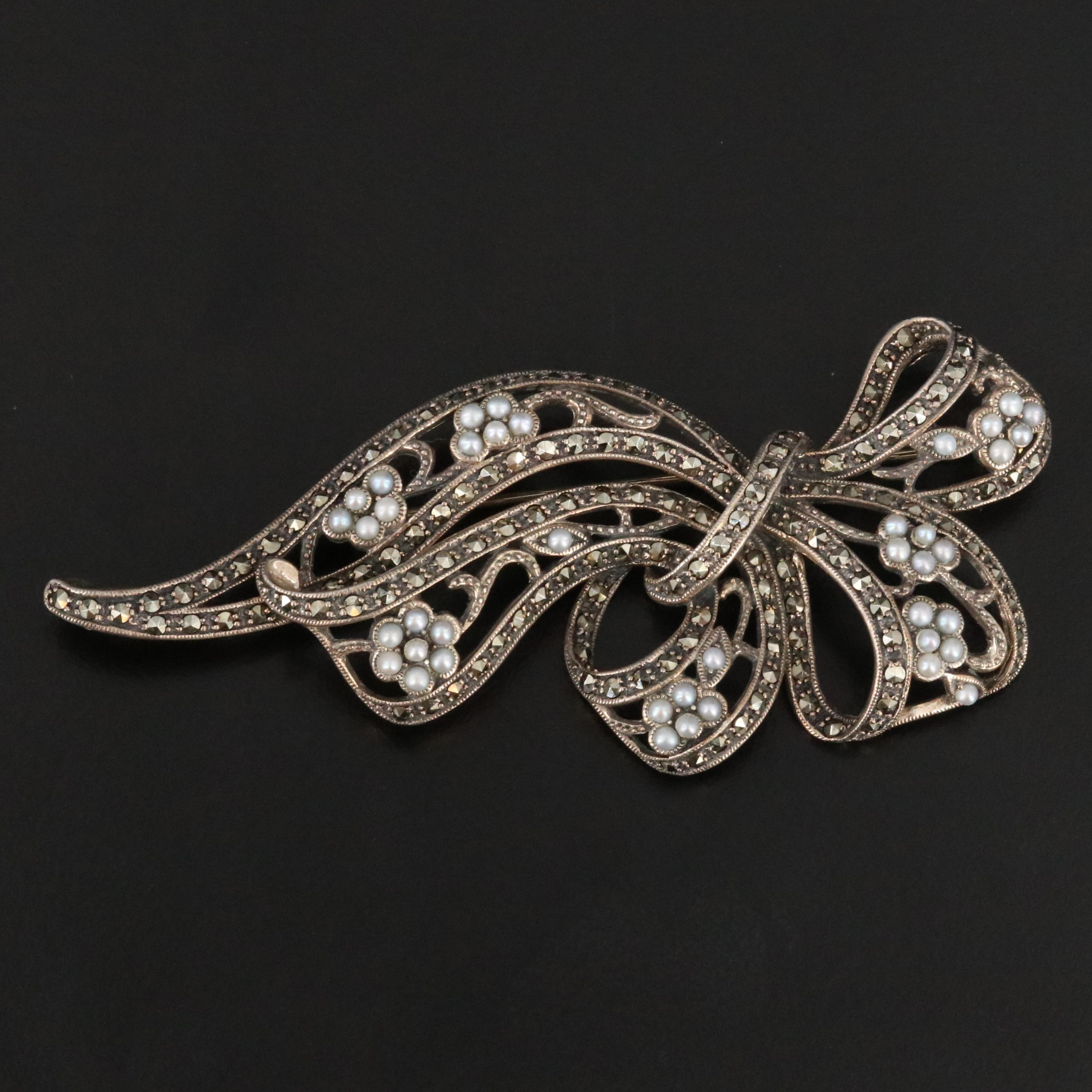 Sterling Seed Pearl and Marcasite Ribbon Brooch