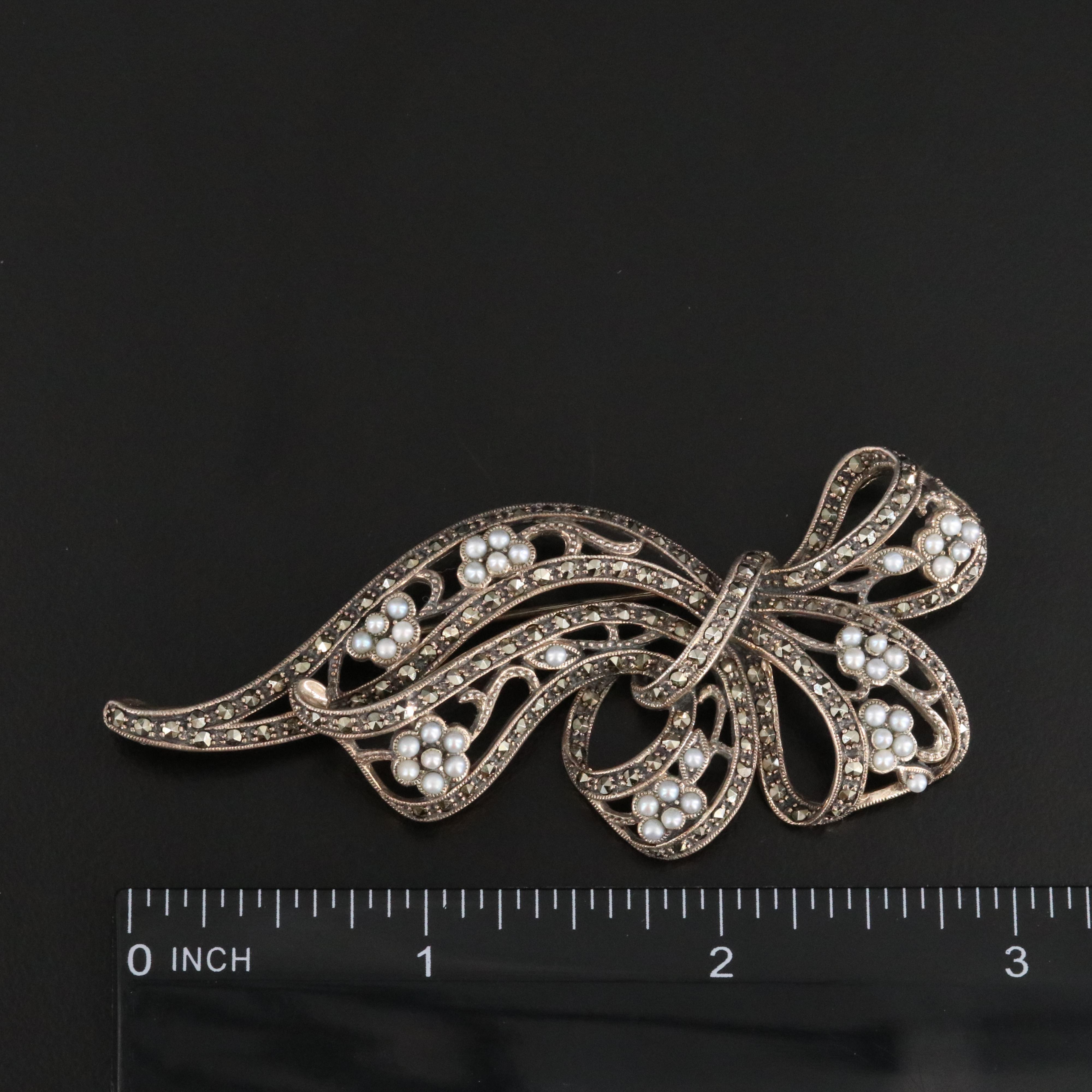 Sterling Seed Pearl and Marcasite Ribbon Brooch