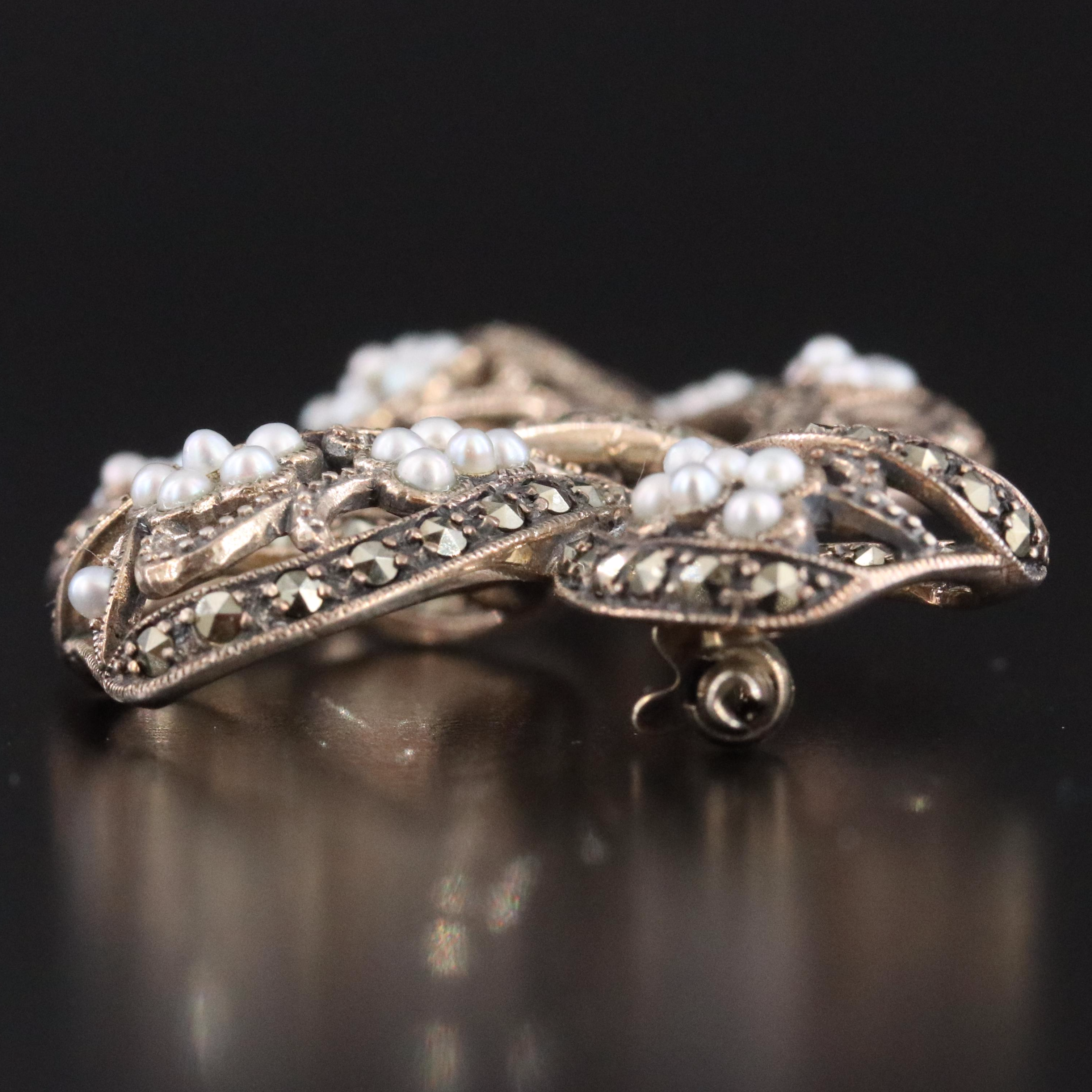 Sterling Seed Pearl and Marcasite Ribbon Brooch