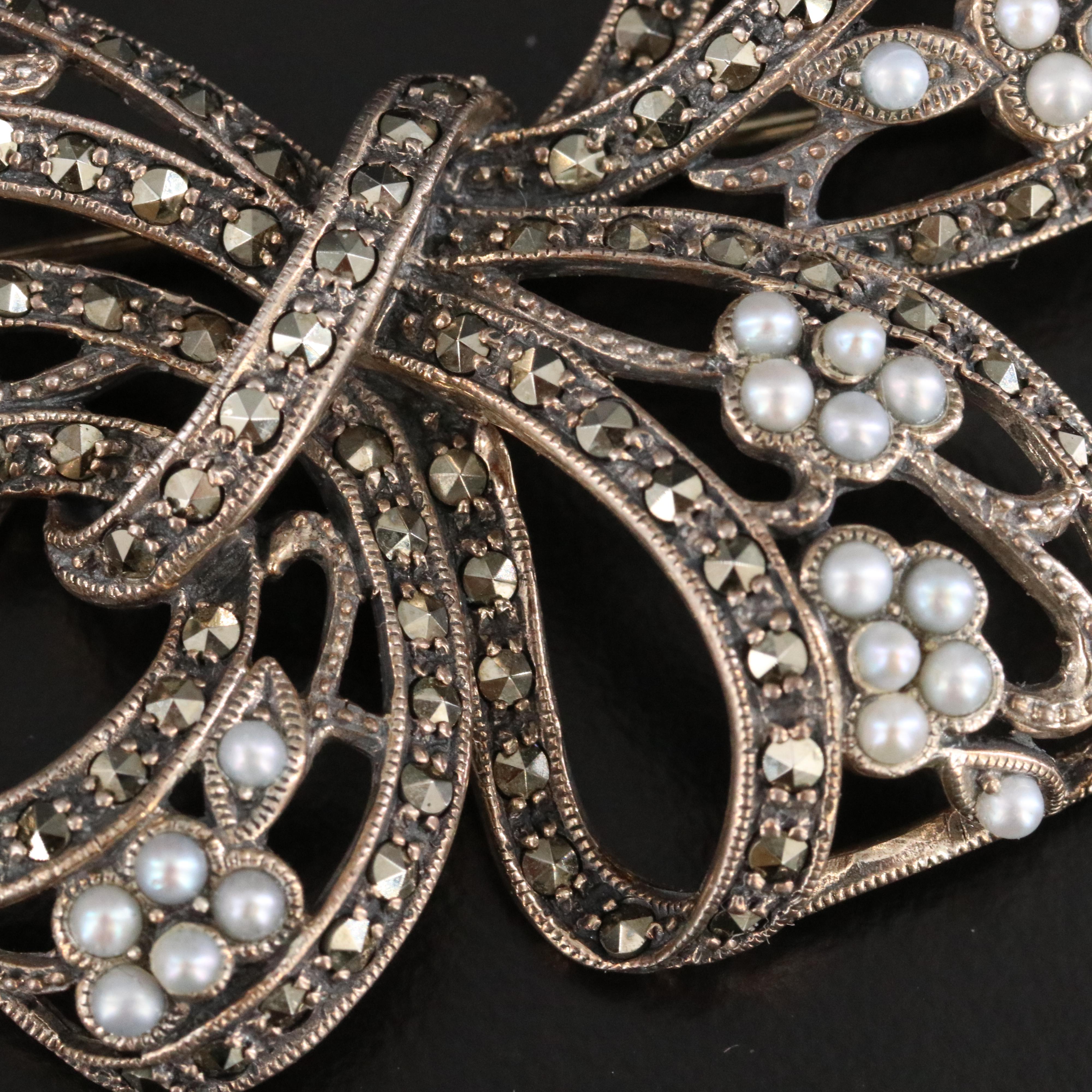 Sterling Seed Pearl and Marcasite Ribbon Brooch