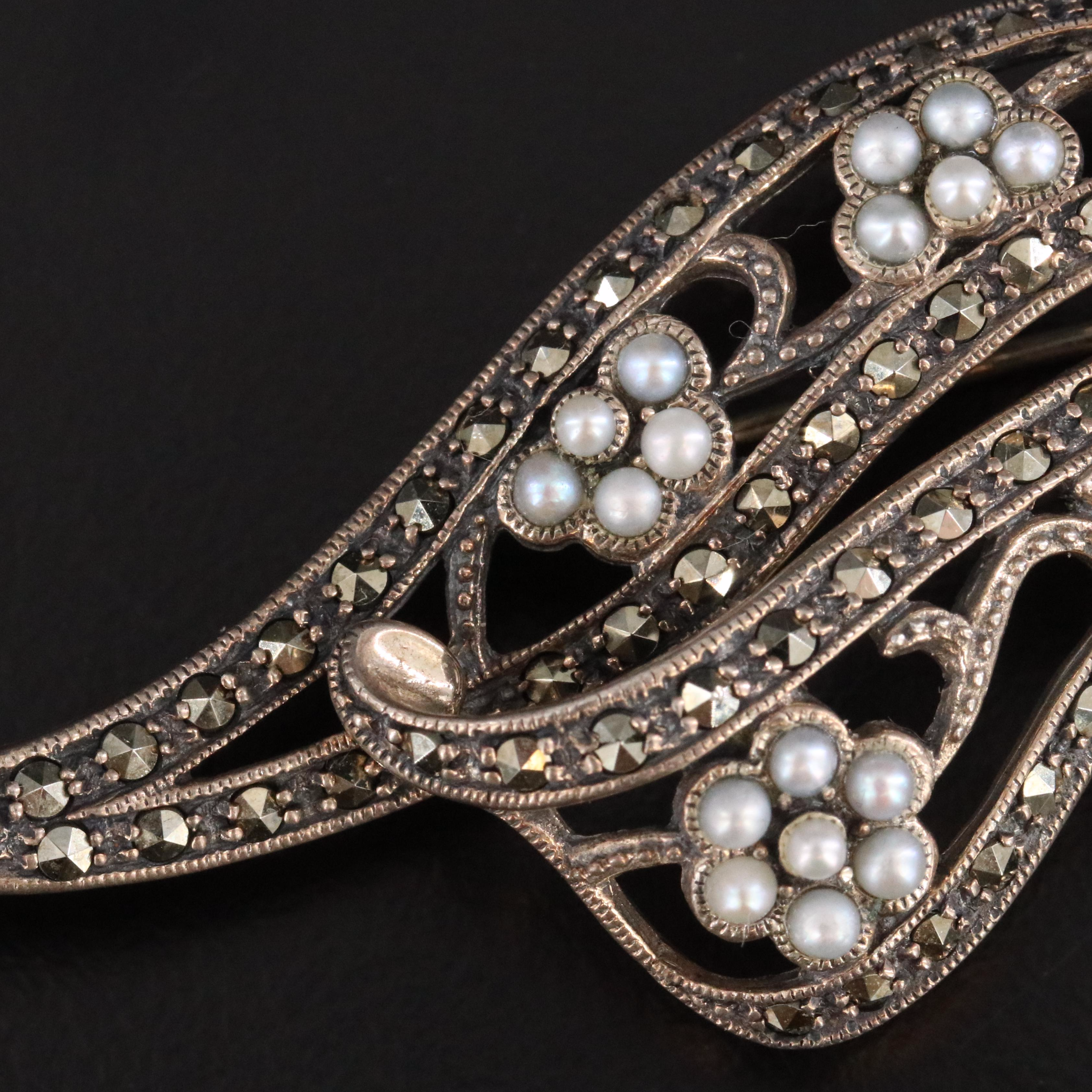 Sterling Seed Pearl and Marcasite Ribbon Brooch