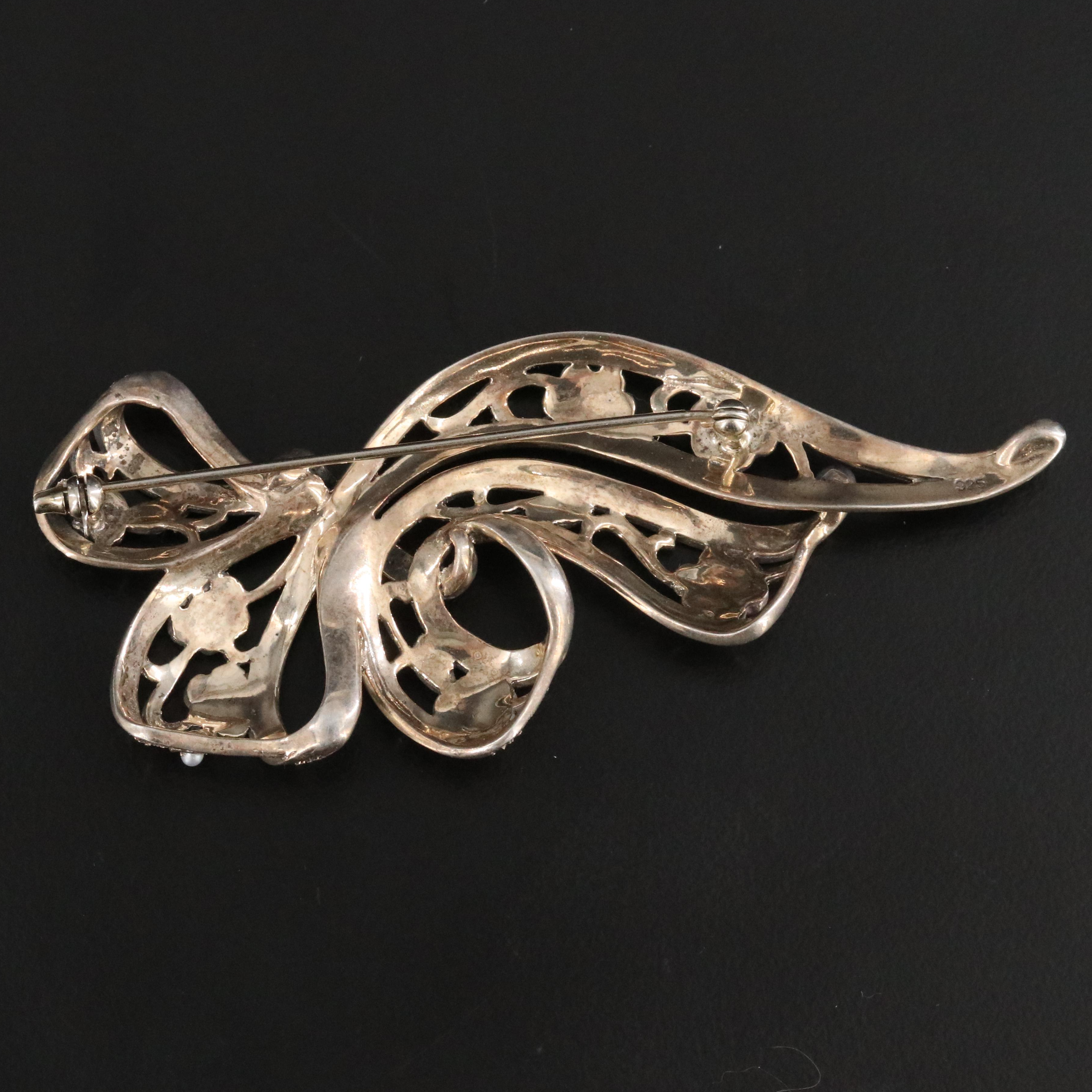 Sterling Seed Pearl and Marcasite Ribbon Brooch