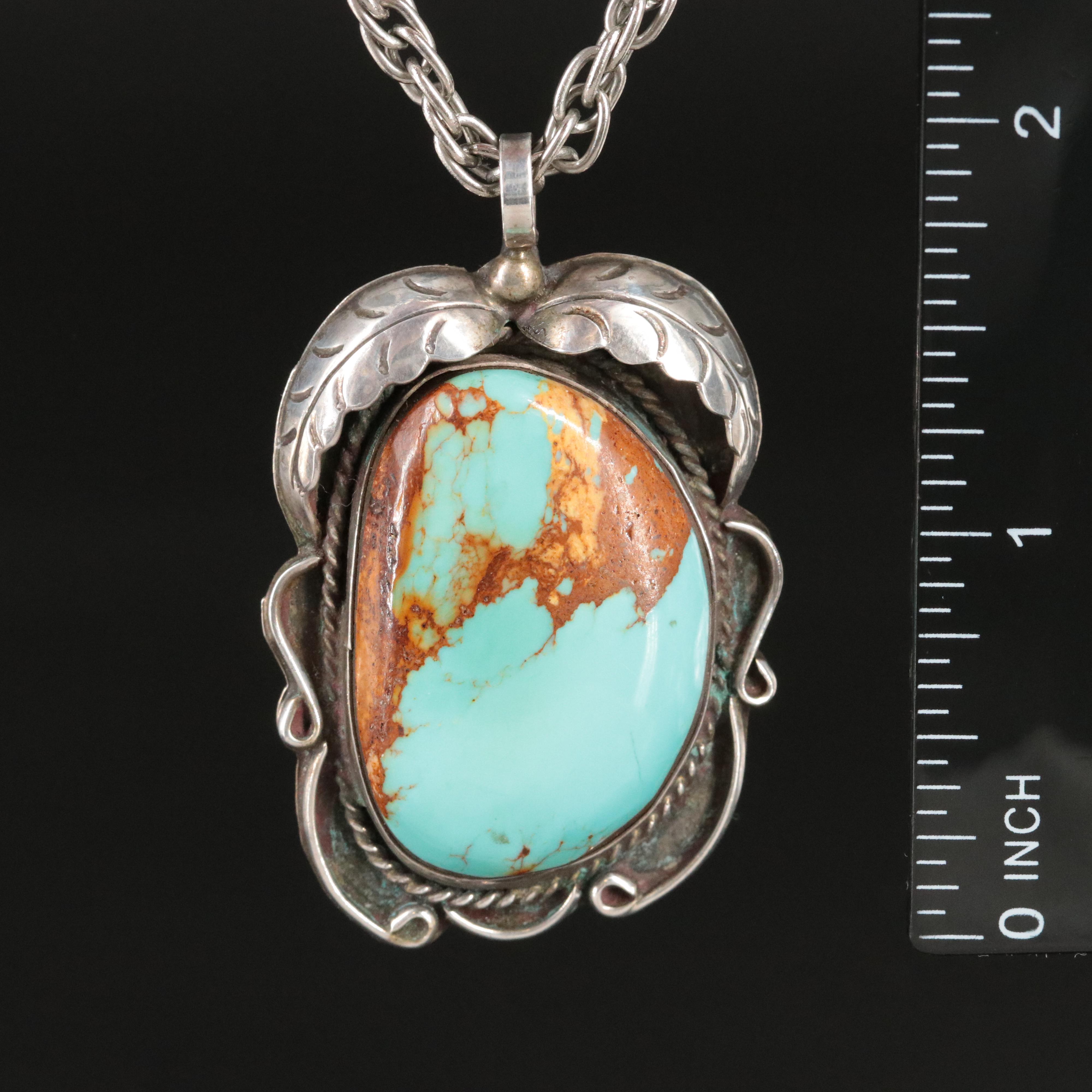 Western Style Sterling Turquoise Appliqué Pendant with Singapore Chain