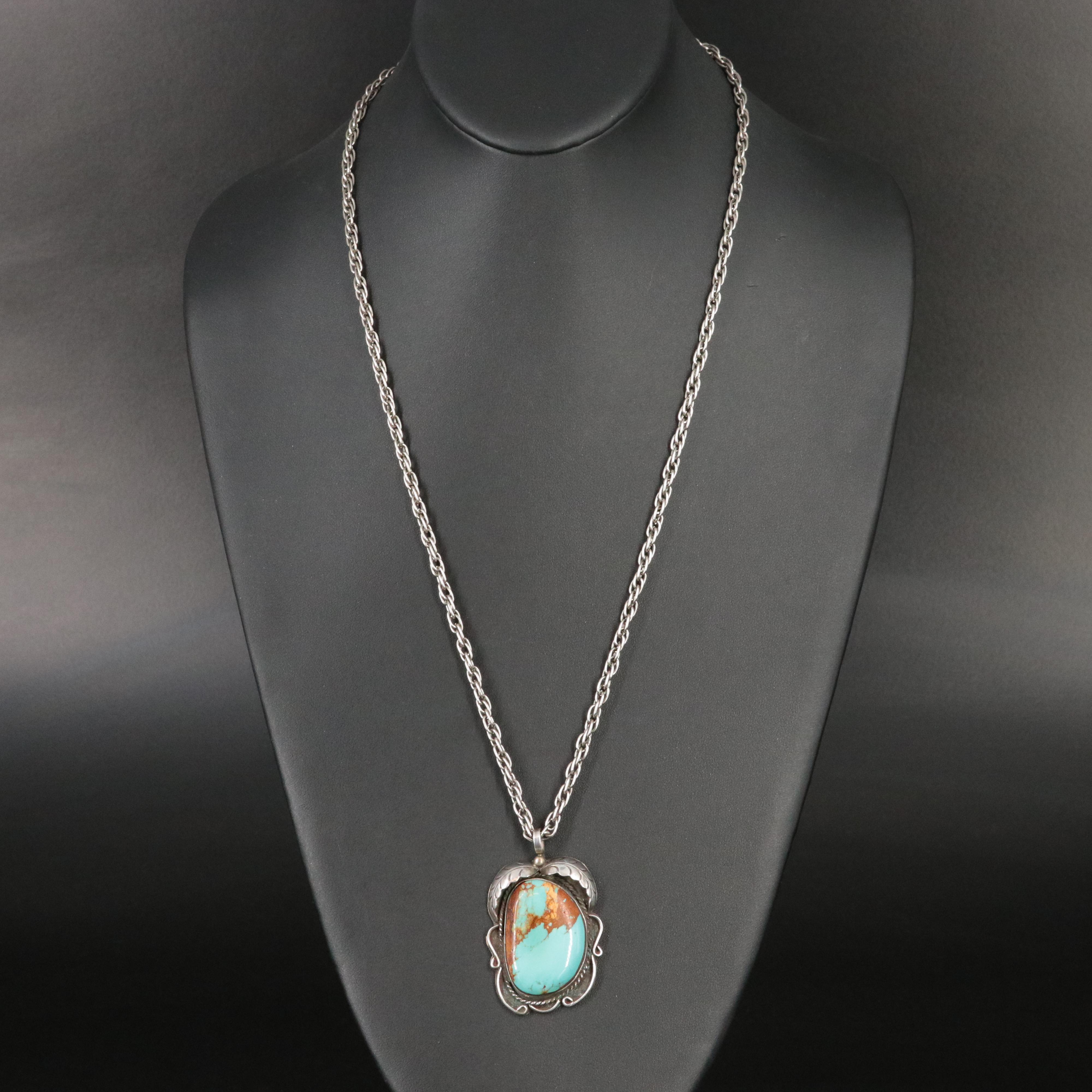 Western Style Sterling Turquoise Appliqué Pendant with Singapore Chain