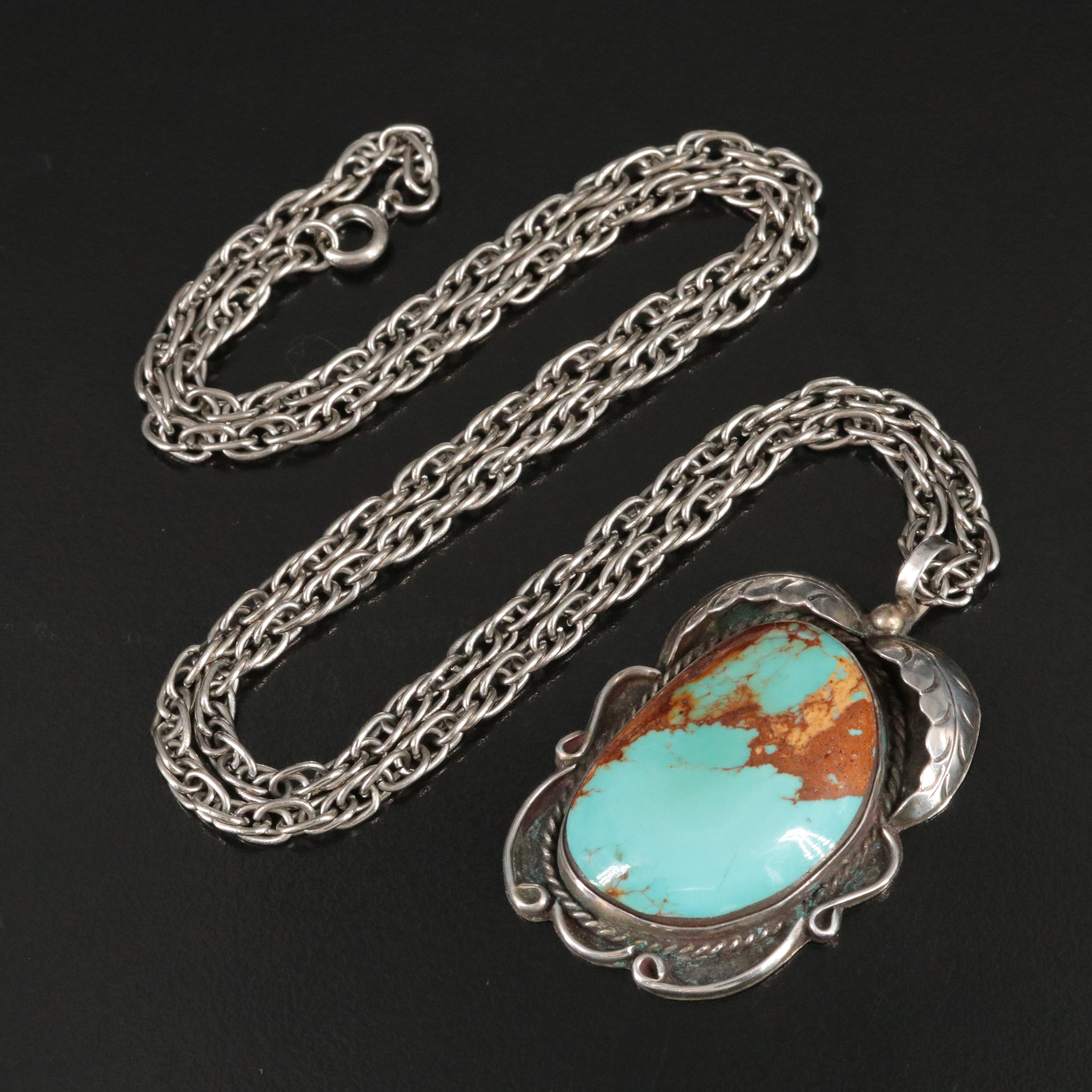 Western Style Sterling Turquoise Appliqué Pendant with Singapore Chain