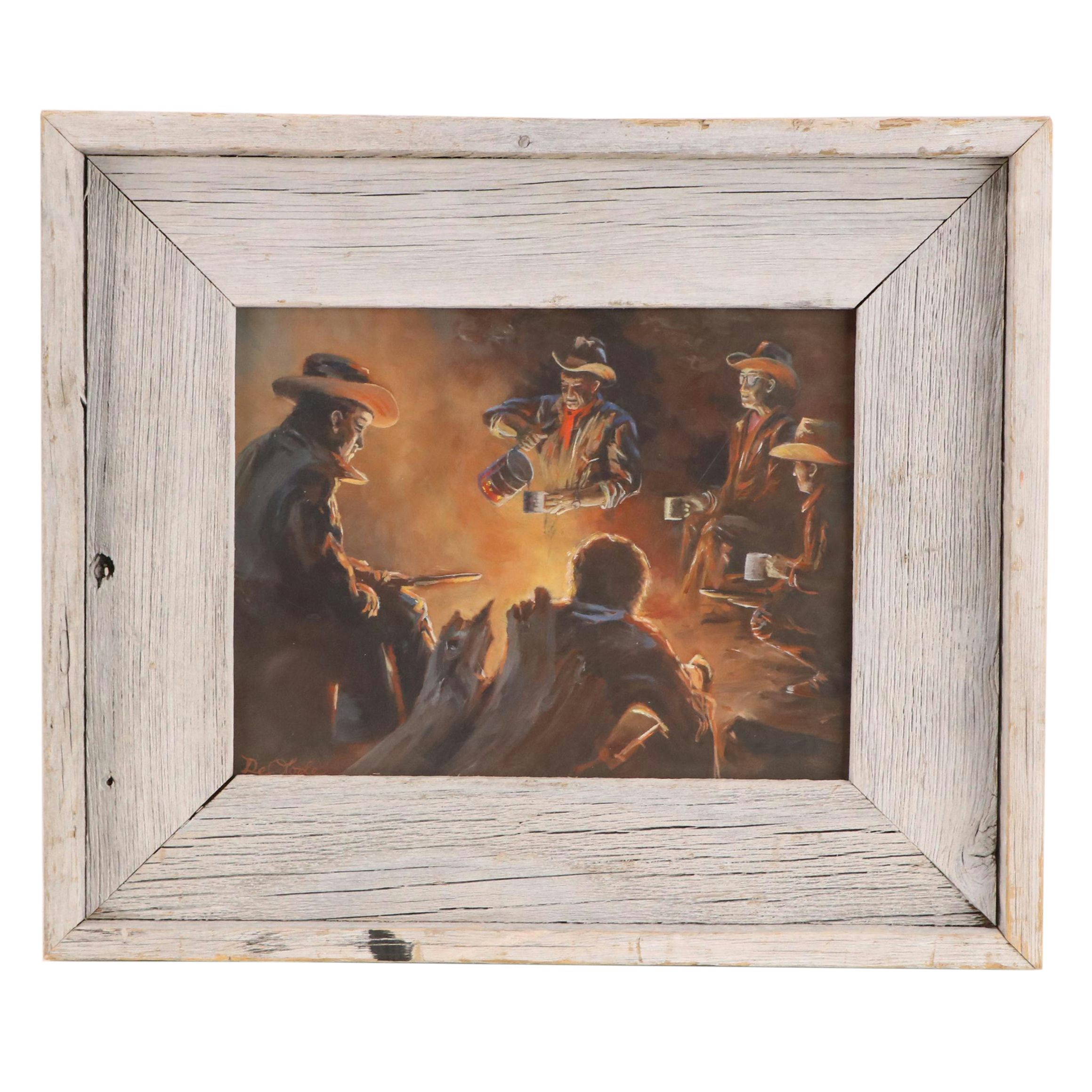 Mia DeLode Acrylic Painting of Cowboys Sitting Around Fire "Can of Coffee"