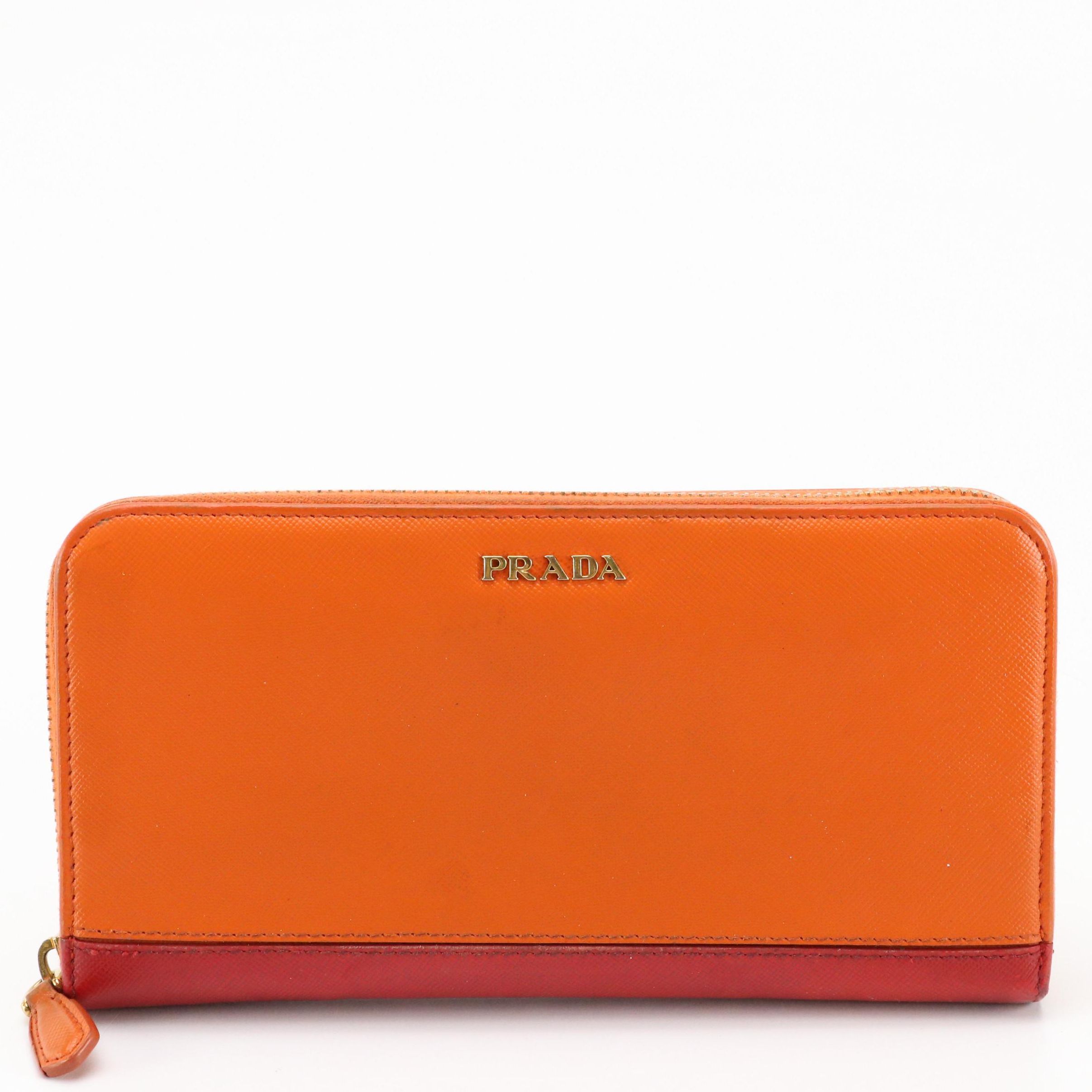 Prada Red and Orange Saffiano Leather Zip-Around Wallet in Box
